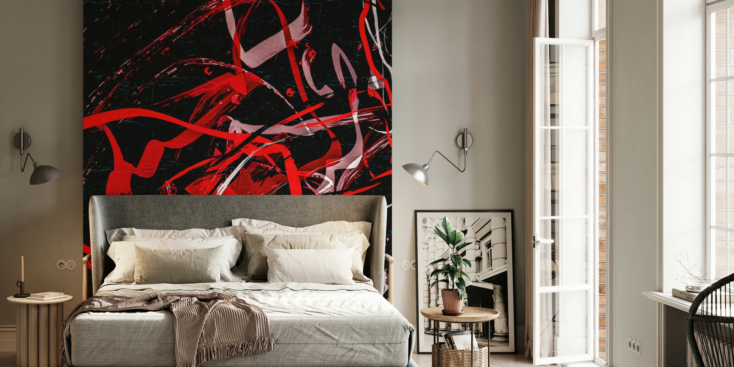 Abstract brush strokes in red, black, and white wallpaper