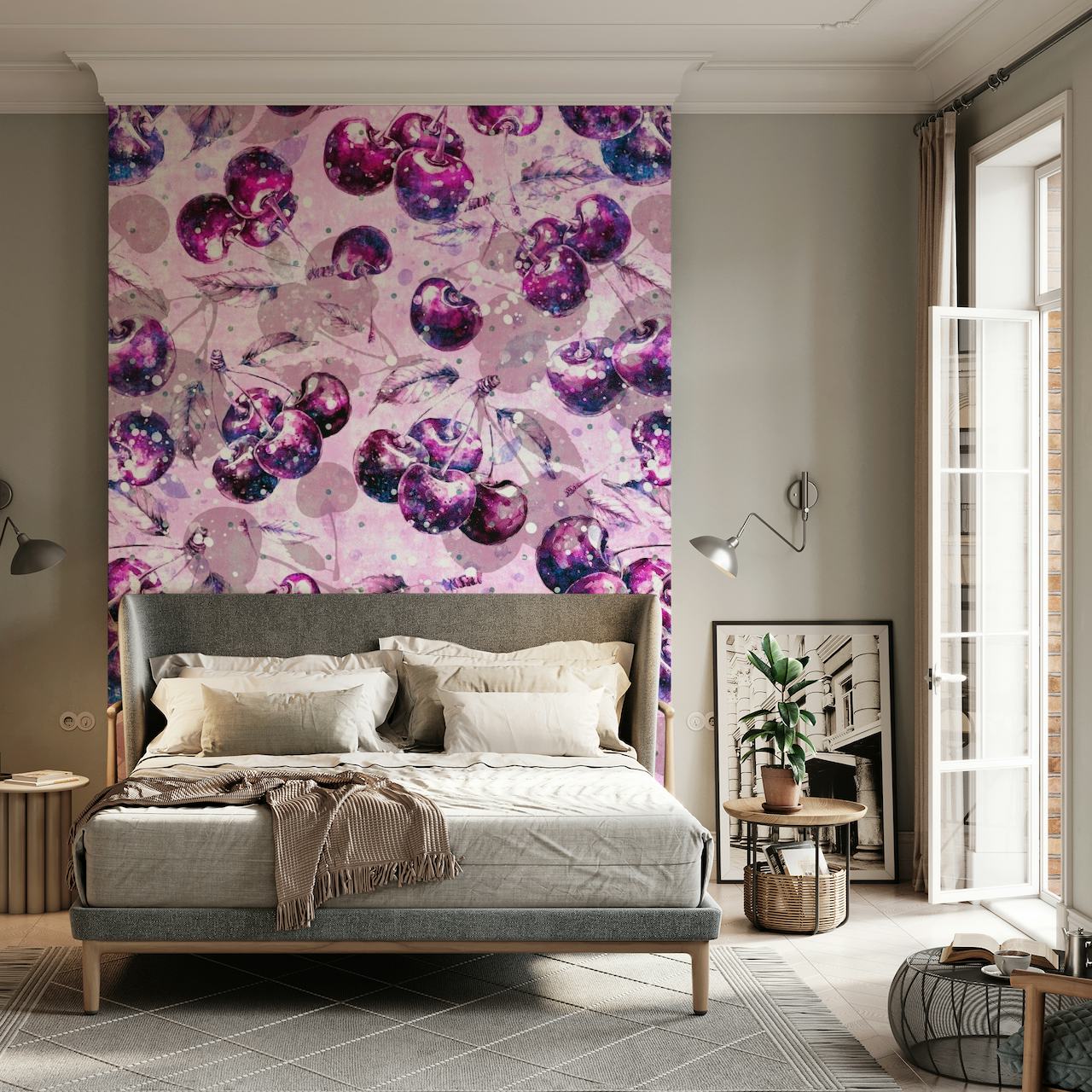 Cerejas de estilo fantasia com glitter em um fotomural vinílico de parede rosa suave