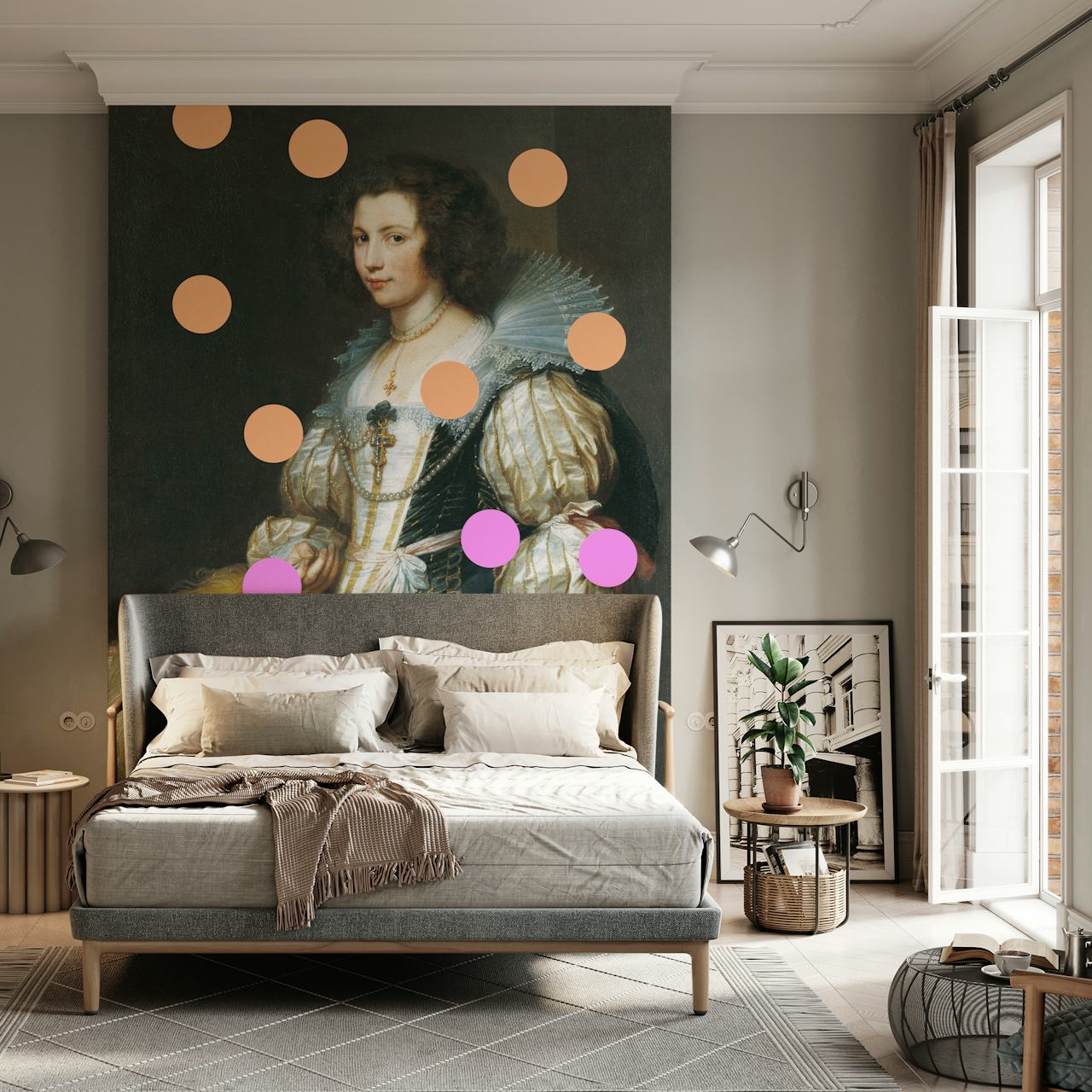 Vintage portrait with colorful polka dots in pink, orange, and purple on a dark background wallpaper