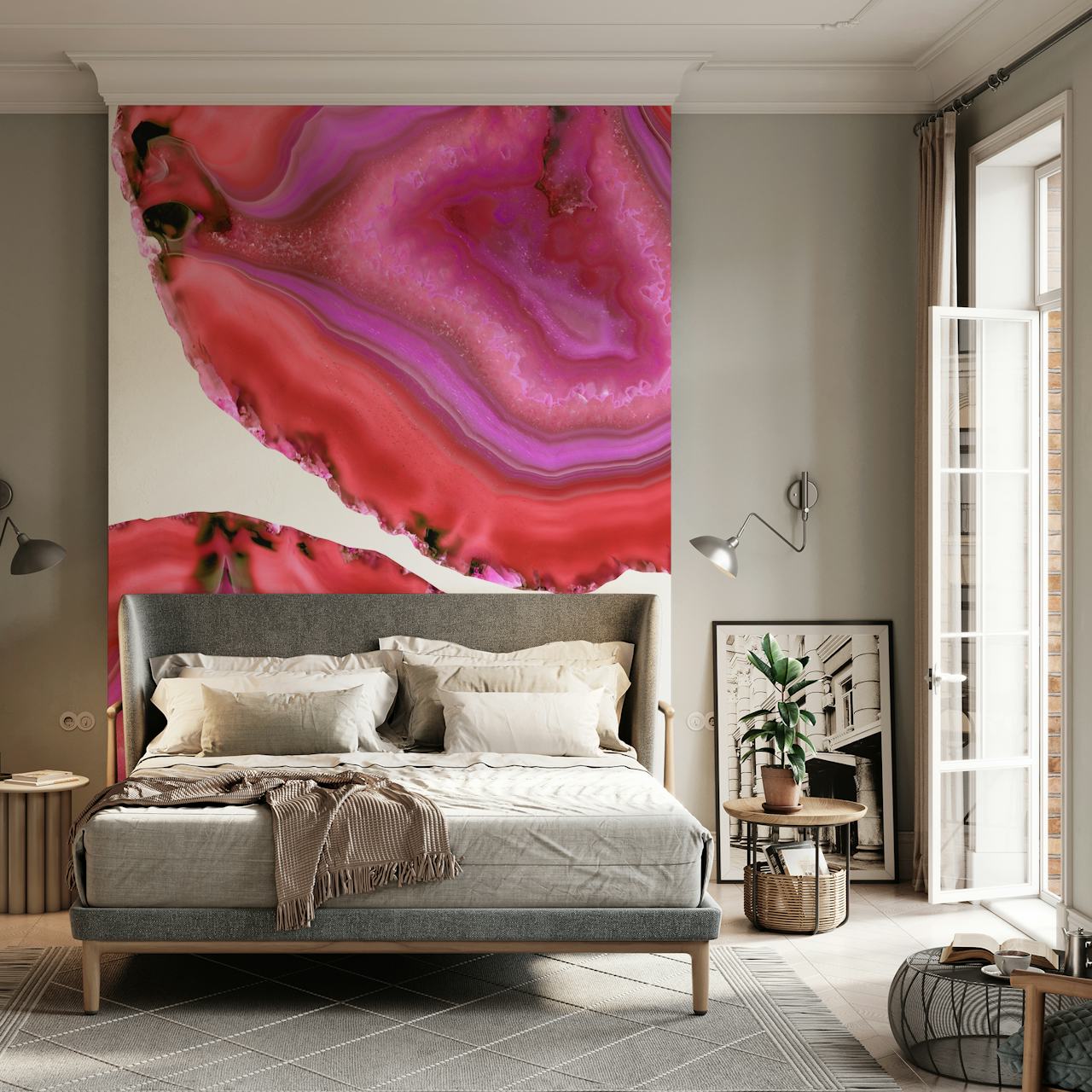 Levende Agate Boho Chic 4 veggmaleri med rike rosa og lilla toner med svarte årer