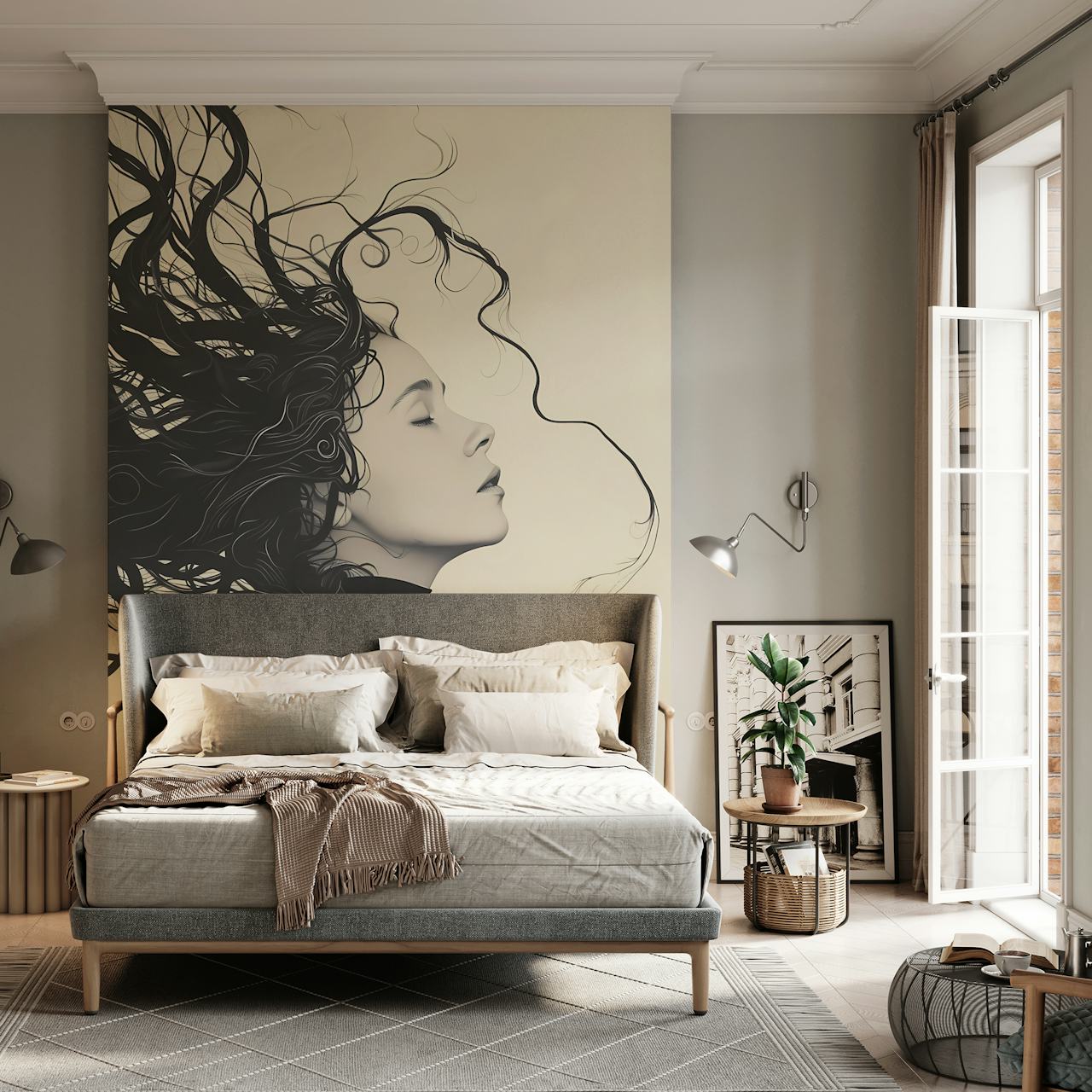 Profile of a woman with flowing hair in black and white wallpaper