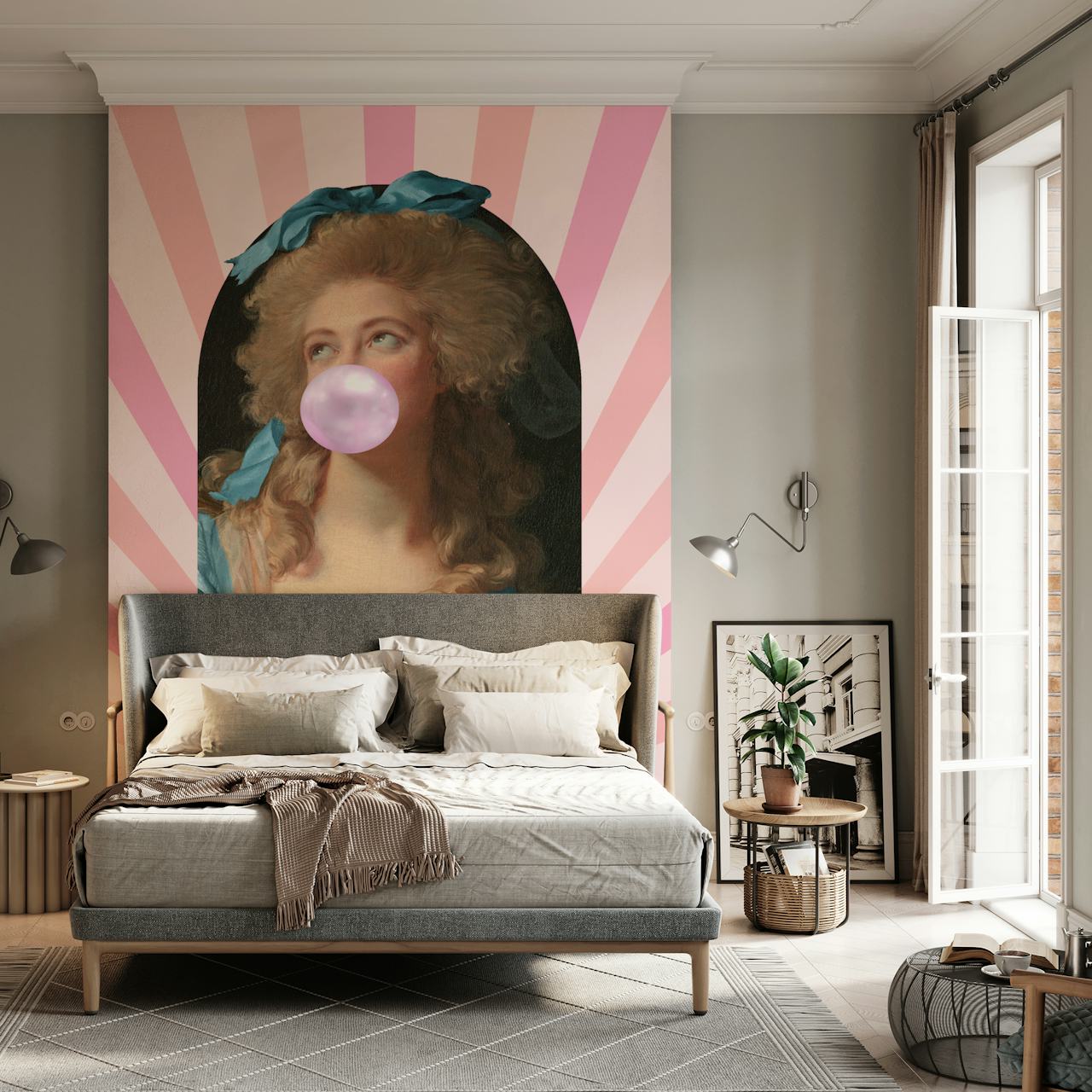 Bubble gum art featuring a woman with pink bubble and blue attire against pink rays wallpaper