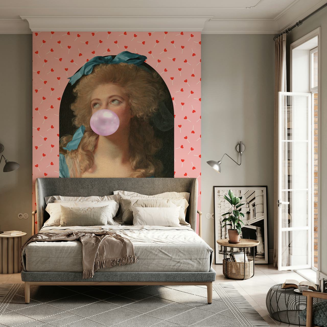 Renaissance woman with bubblegum on pink heart patterned wallpaper