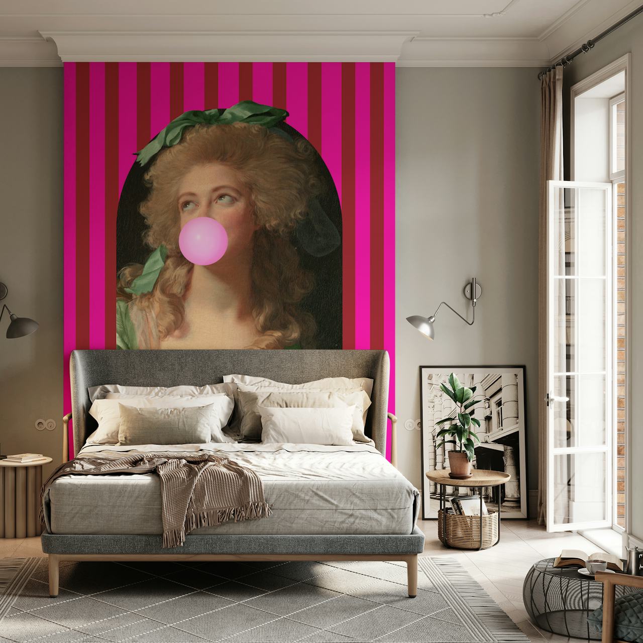 Vibrant pink striped wallpaper with a classic portrait of a woman blowing a bubblegum