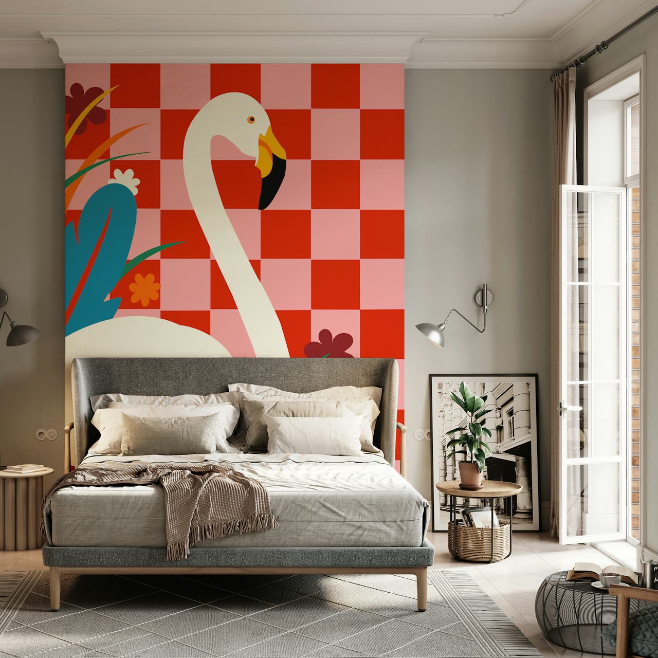 Checkers & The Great Egret wallpaper in a room