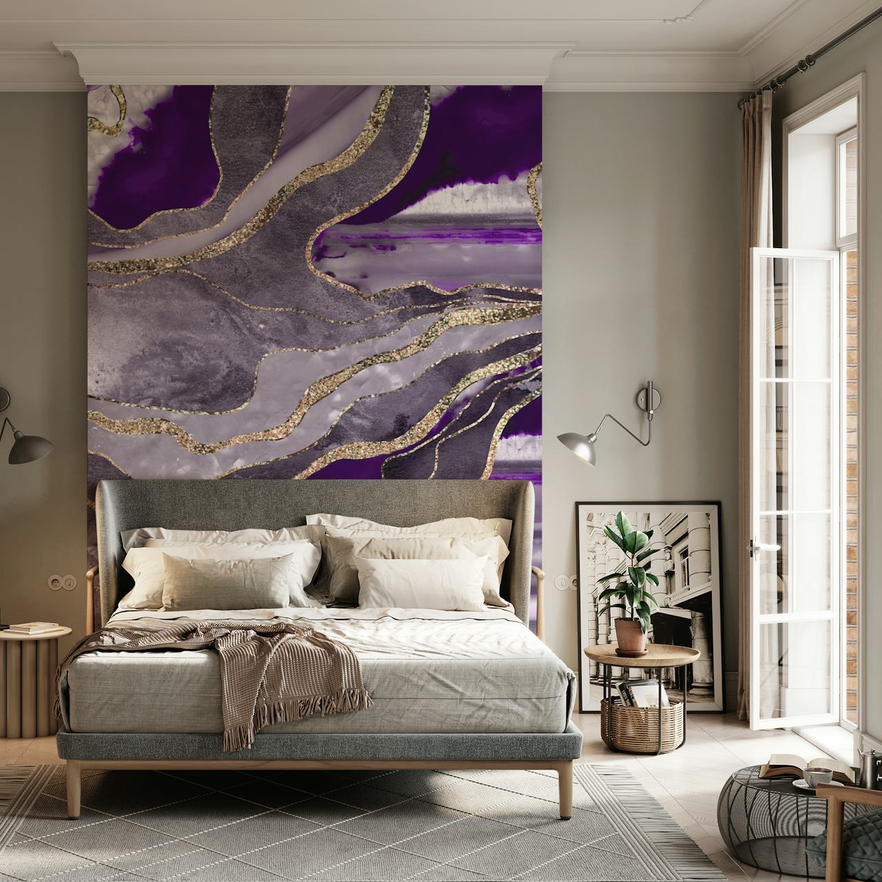 Violet marbled pattern with gold accents wallpaper