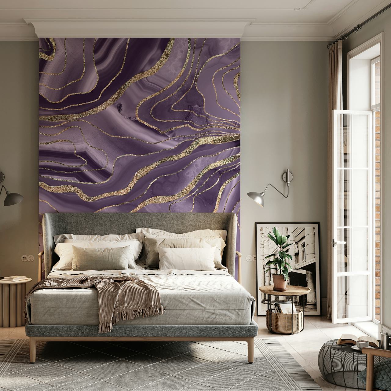 Lavender Agate Gold Glitter behang in een kamer