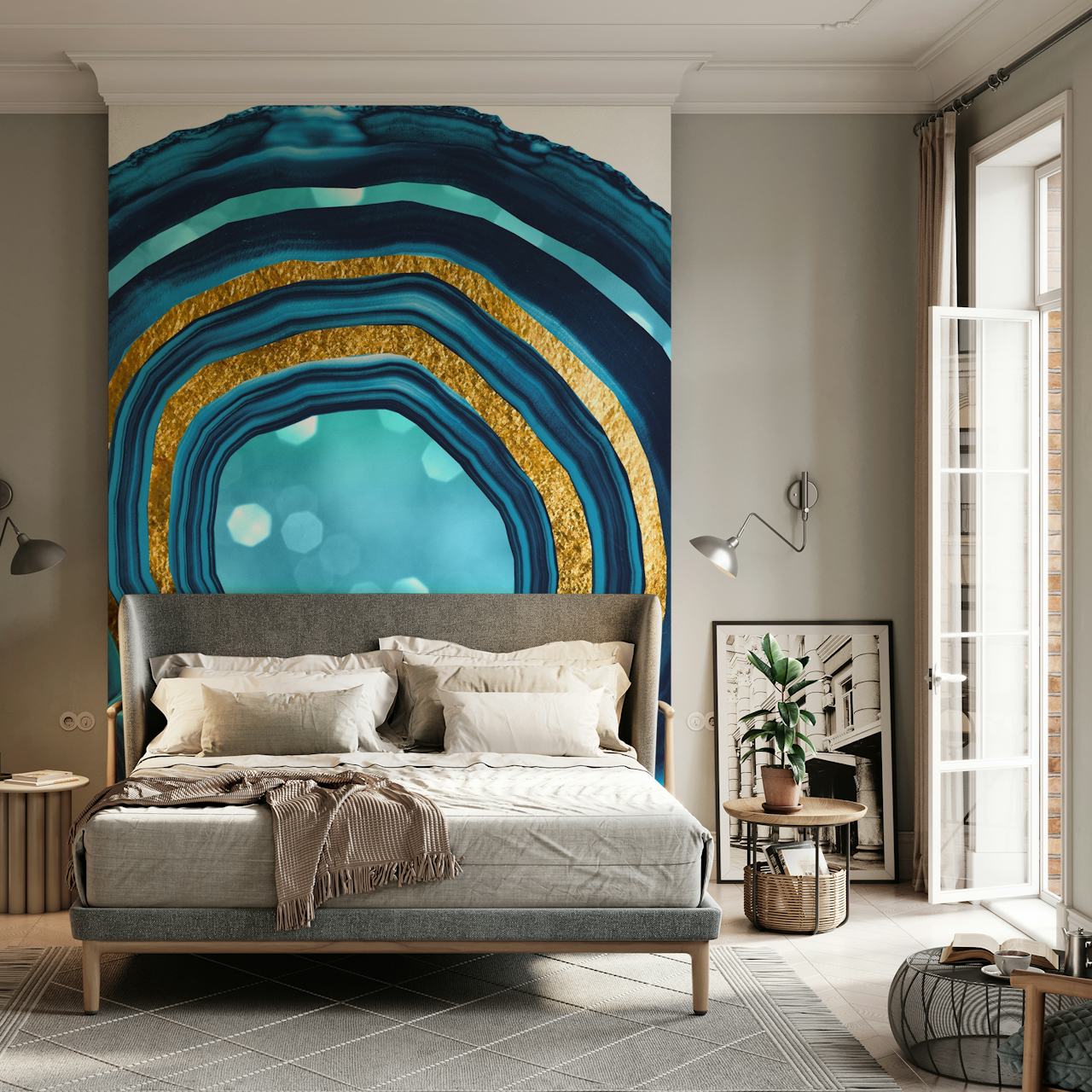 Agate Aqua Blue Gold 1 ταπετσαρία σε δωμάτιο