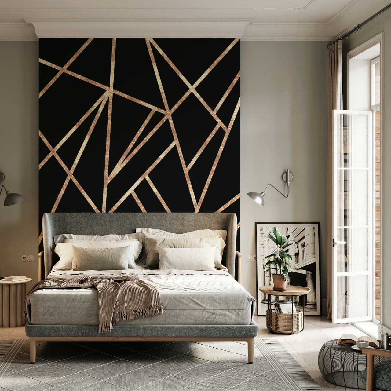 Modern Black and Rose Gold Geometric Wall Mural