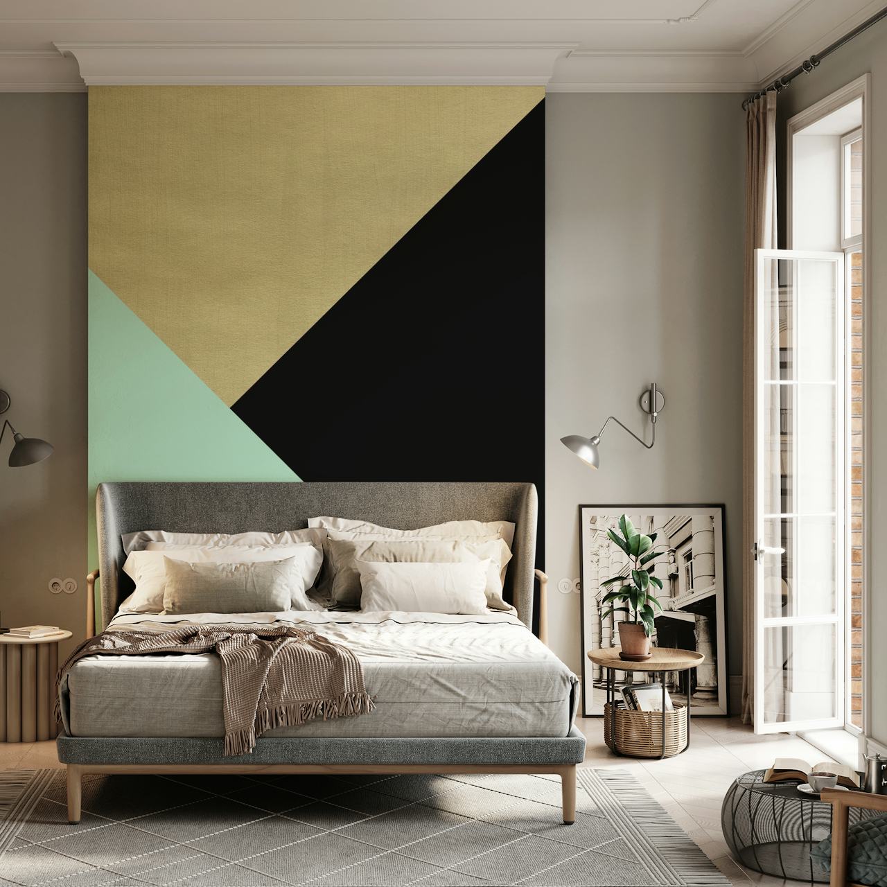 Gold Mint čern Wallpaper geometrický v místnosti