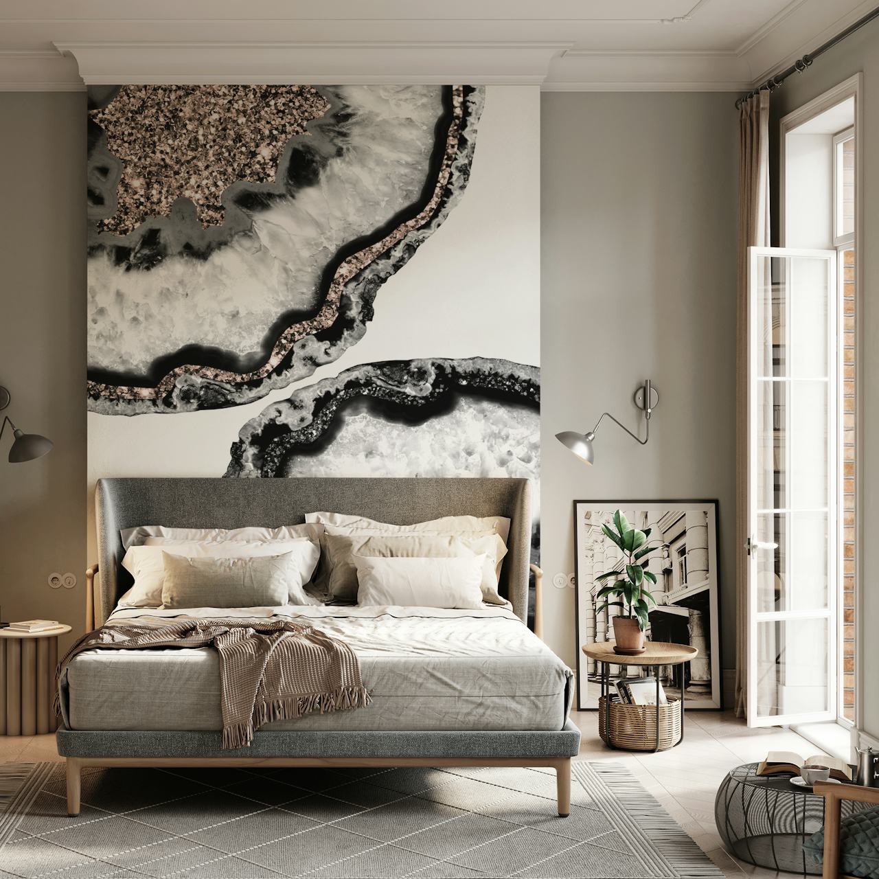 Black and white agate pattern with glitter accents wallpaper