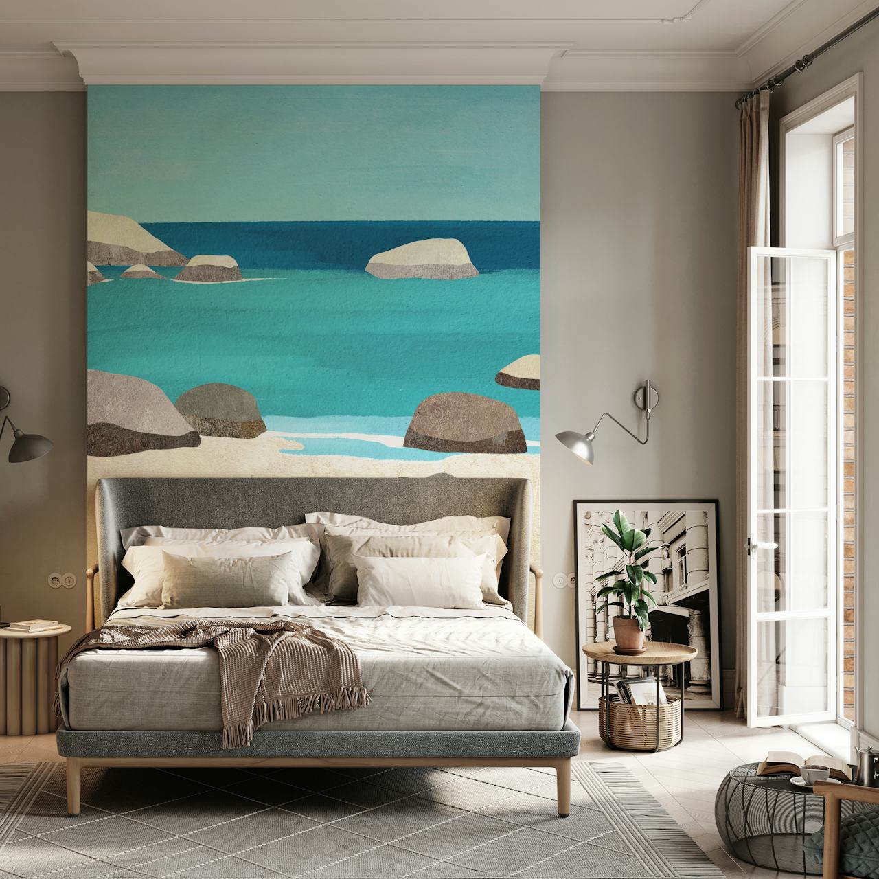 Drie pinguïns op een strand tussen rotsen en oceaan in blauwe tinten wallpaper