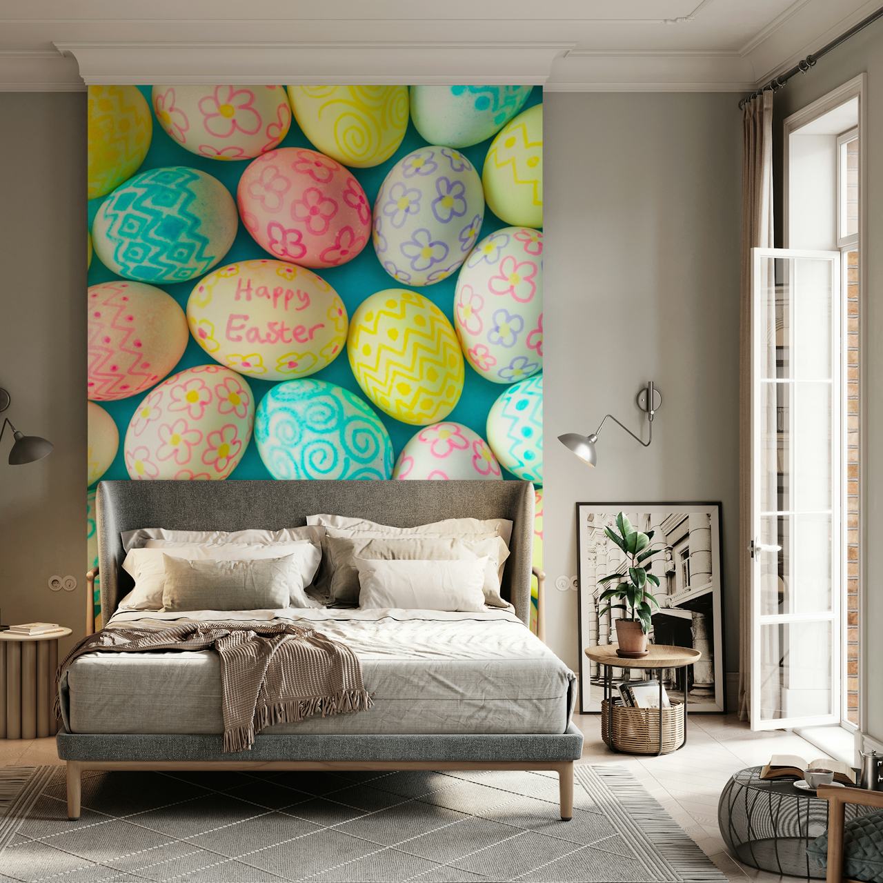 Papel de parede colorido Easter Eggs em um quarto