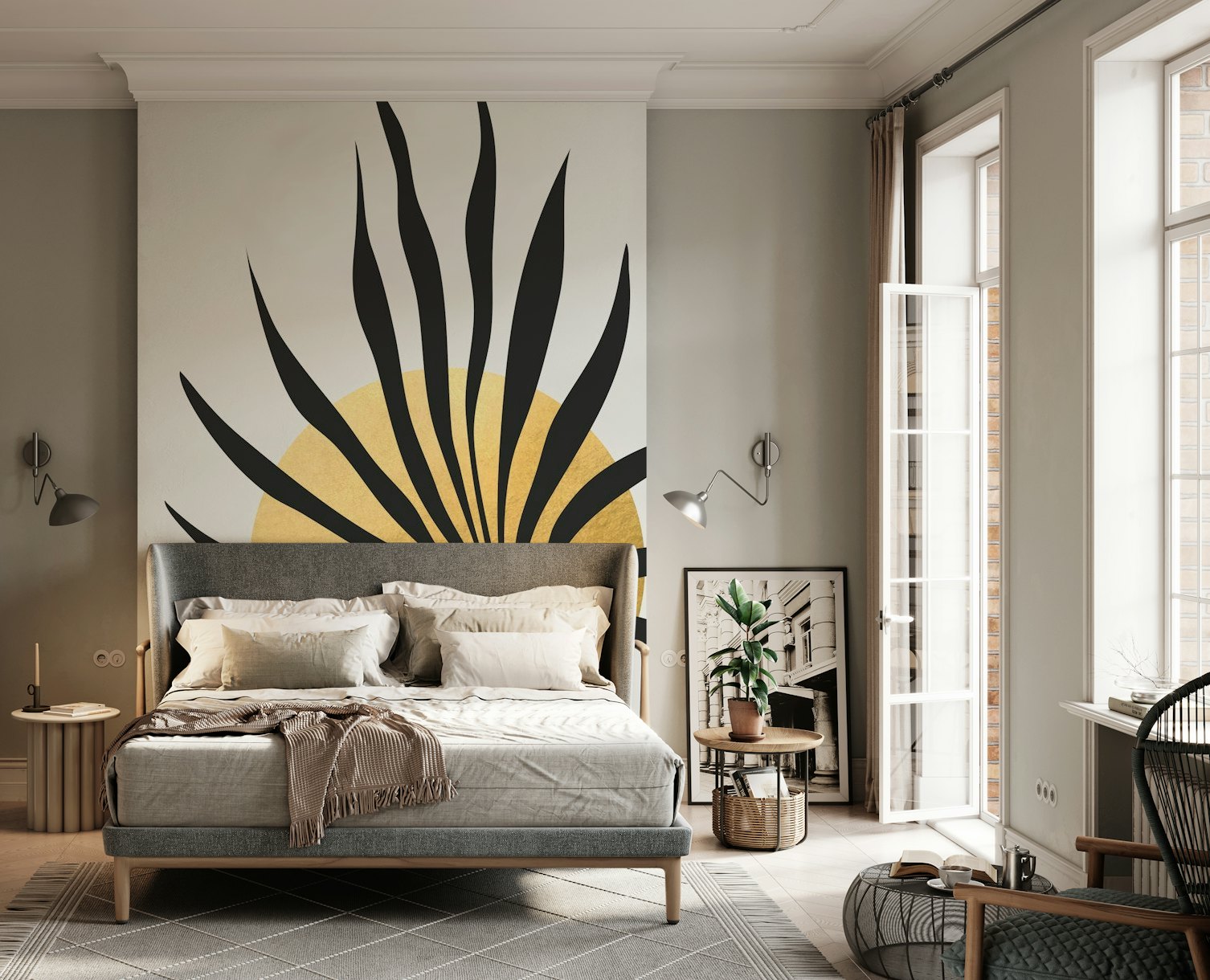 Tropical sun and palm leaf wallpaper