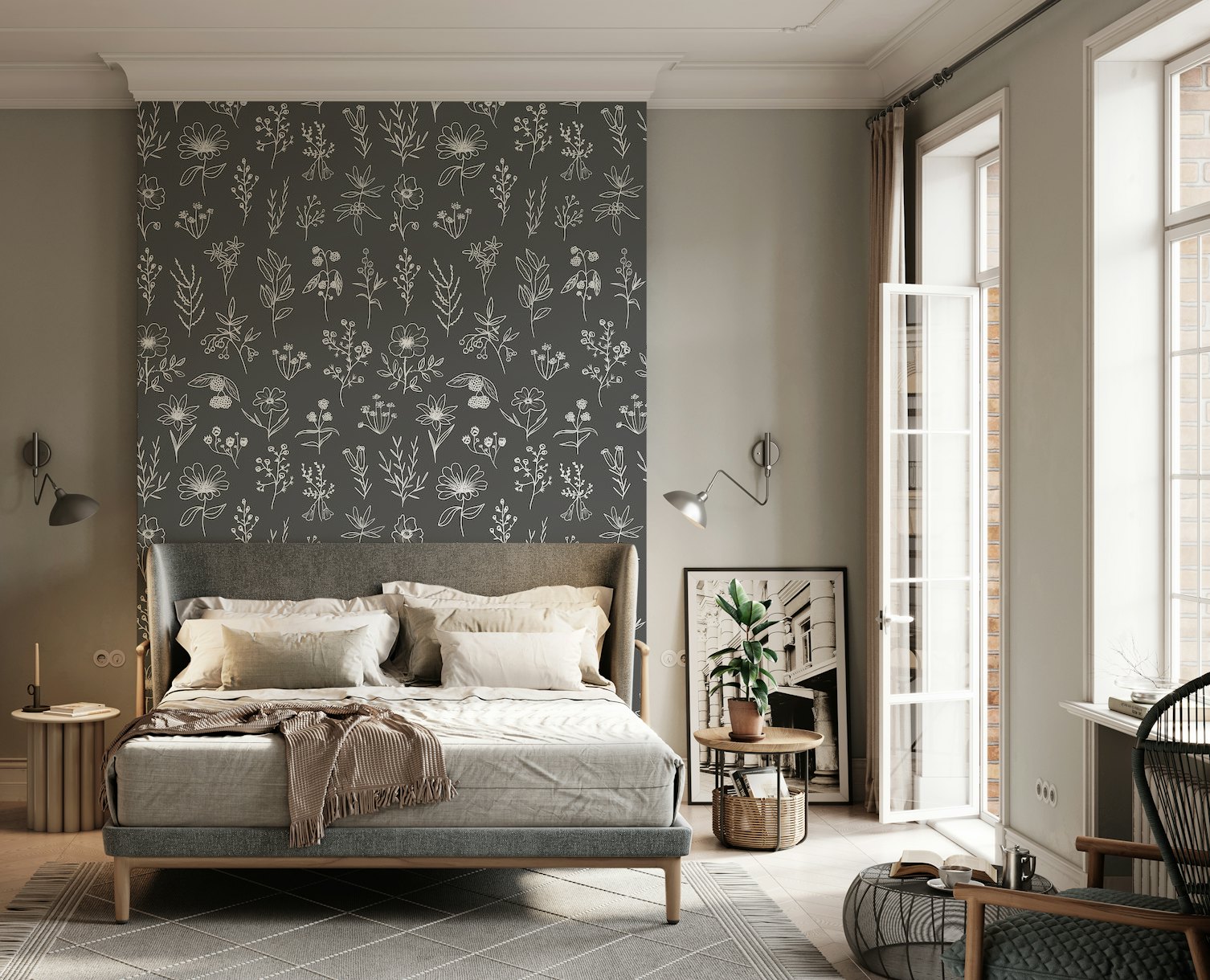 Seamless Grey LineArt Flowers wallpaper