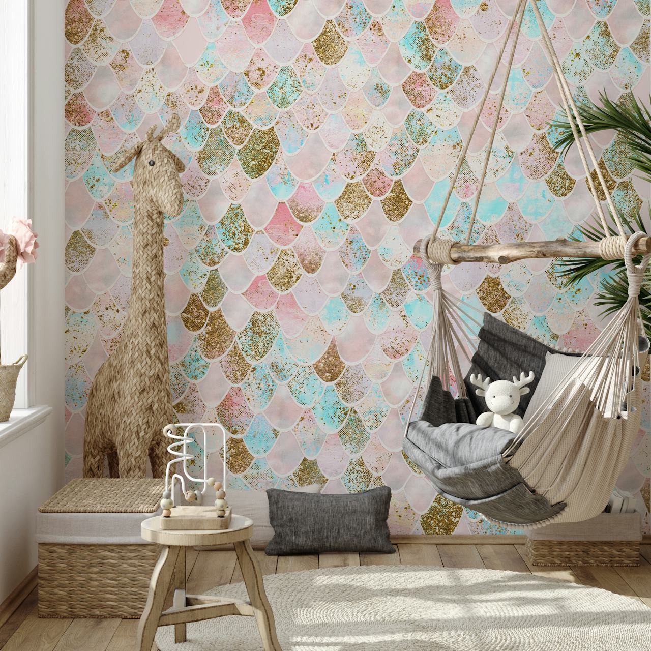 Mermaid scales pattern in pastel pink, blue, and gold tones wallpaper