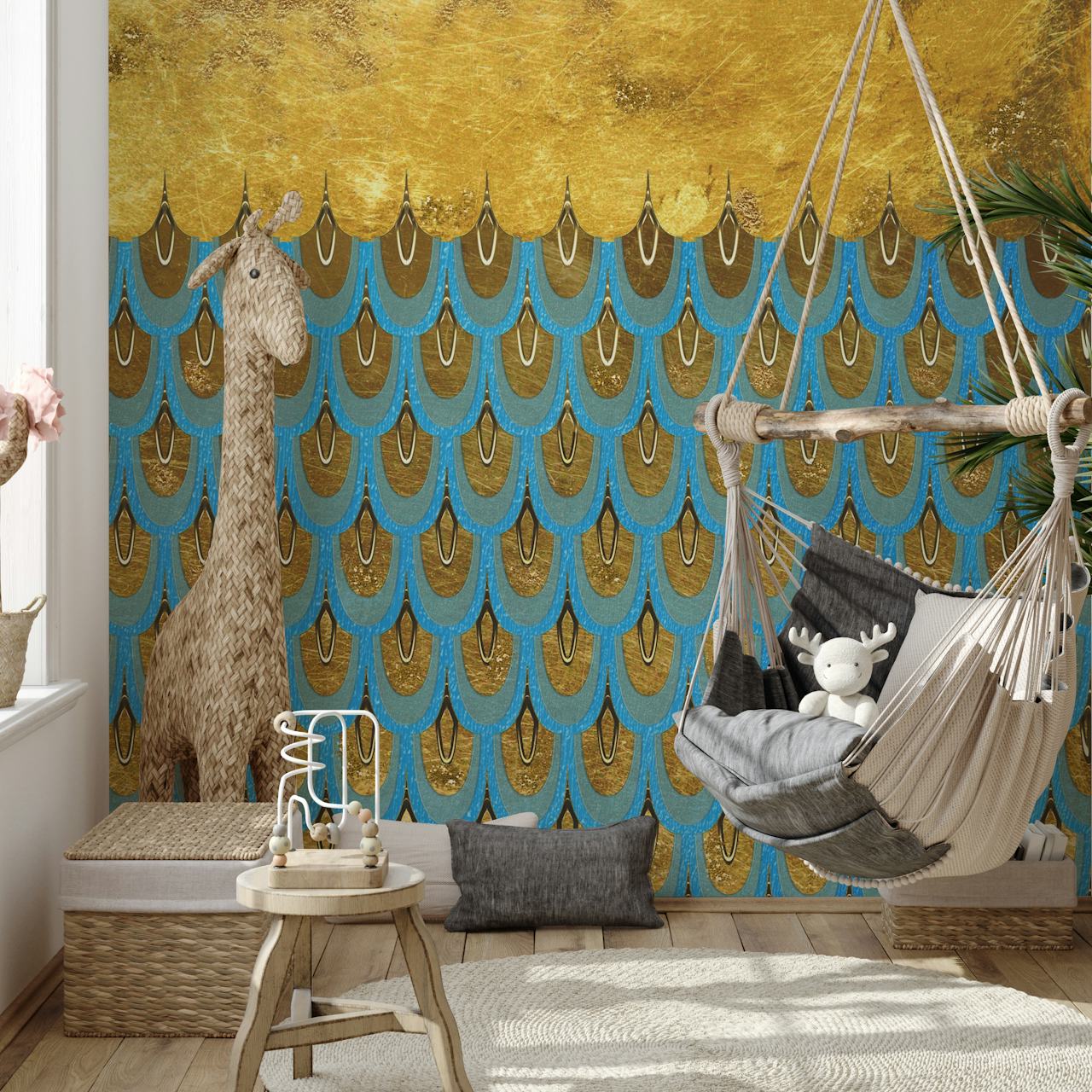 Golden Teal Mermaid Scales fotobehang met een verloop van goud naar groenblauw