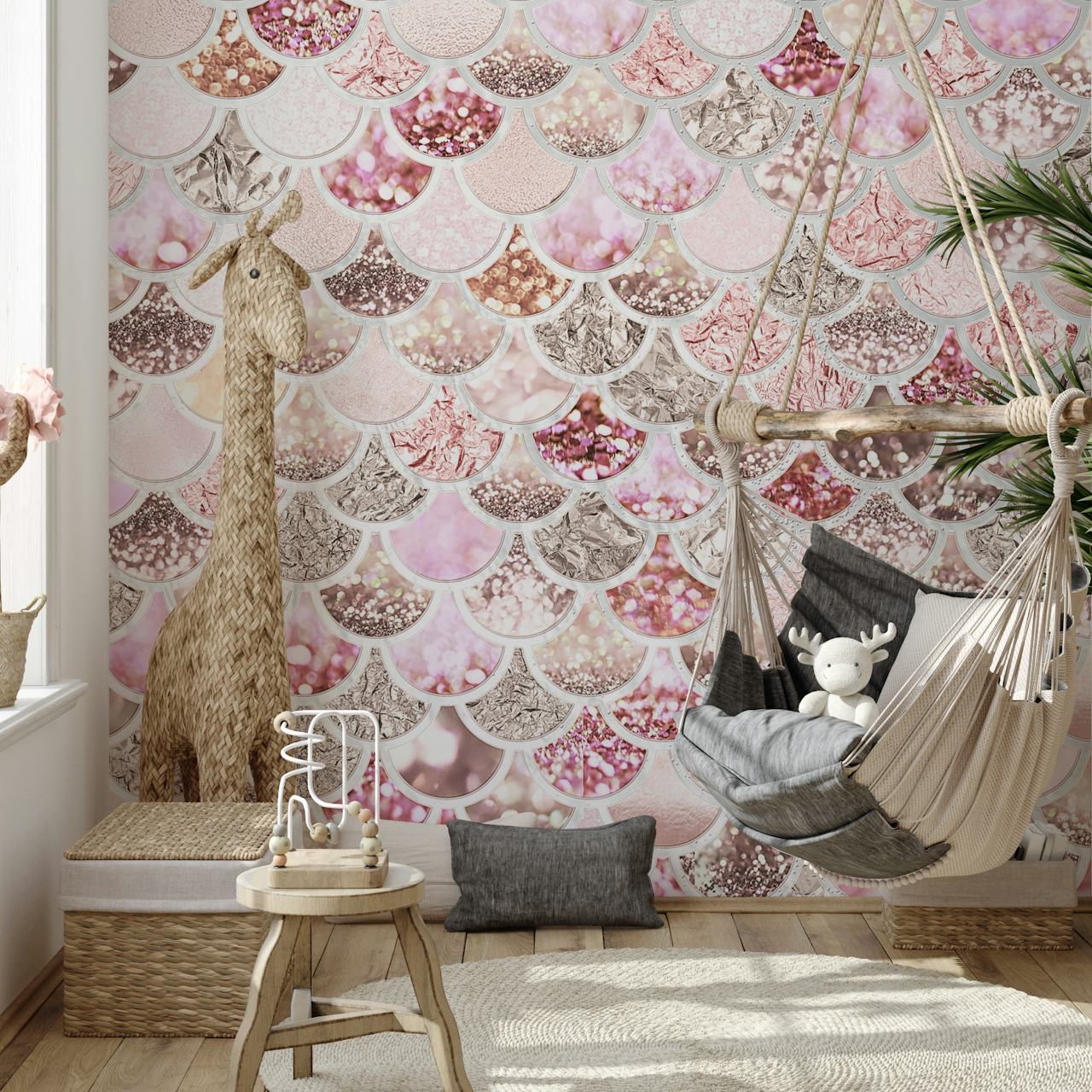 Blush Glitter Mermaid Scales wallpaper in a room