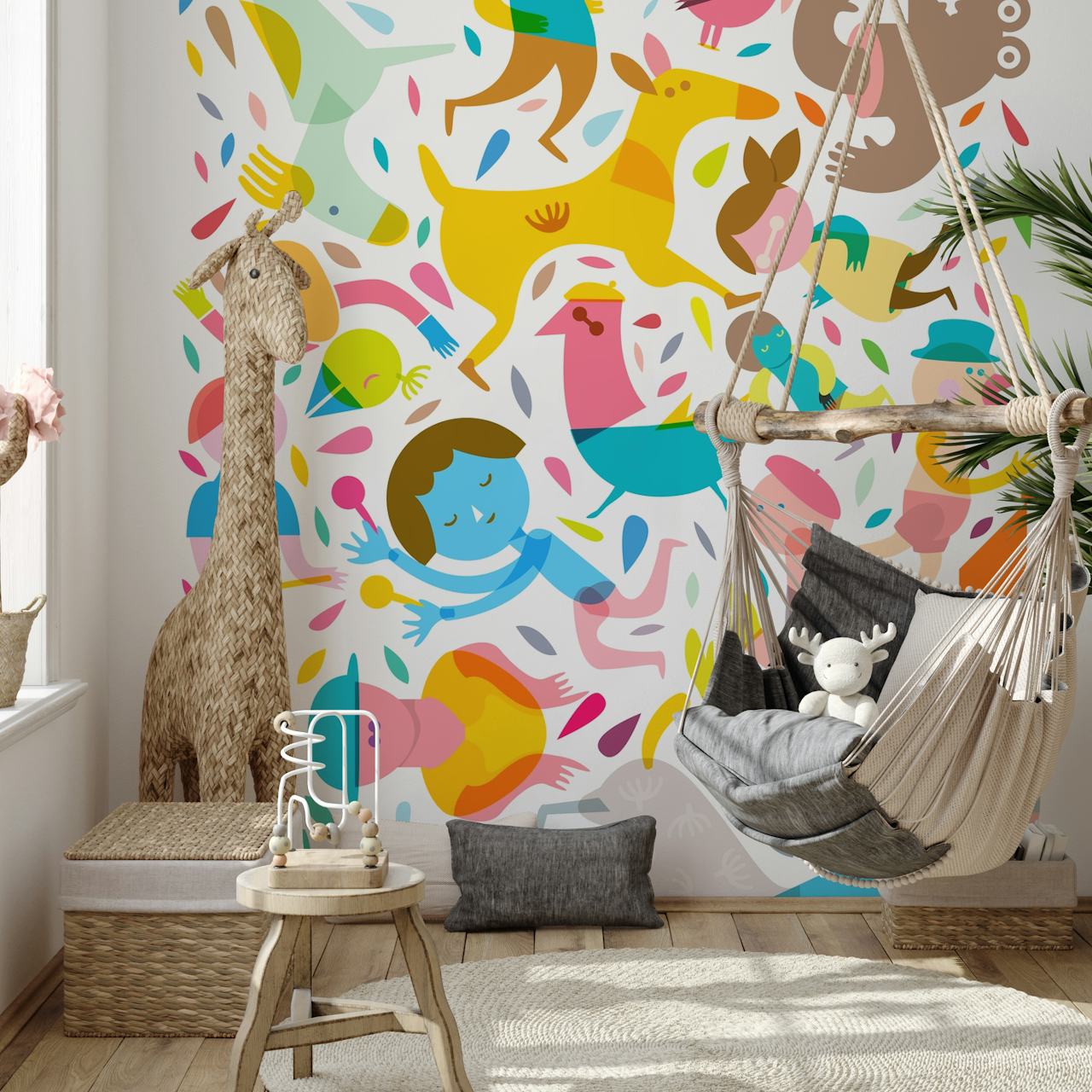 Fargerikt abstrakt veggmaleri med festtema med lekne figurer og former