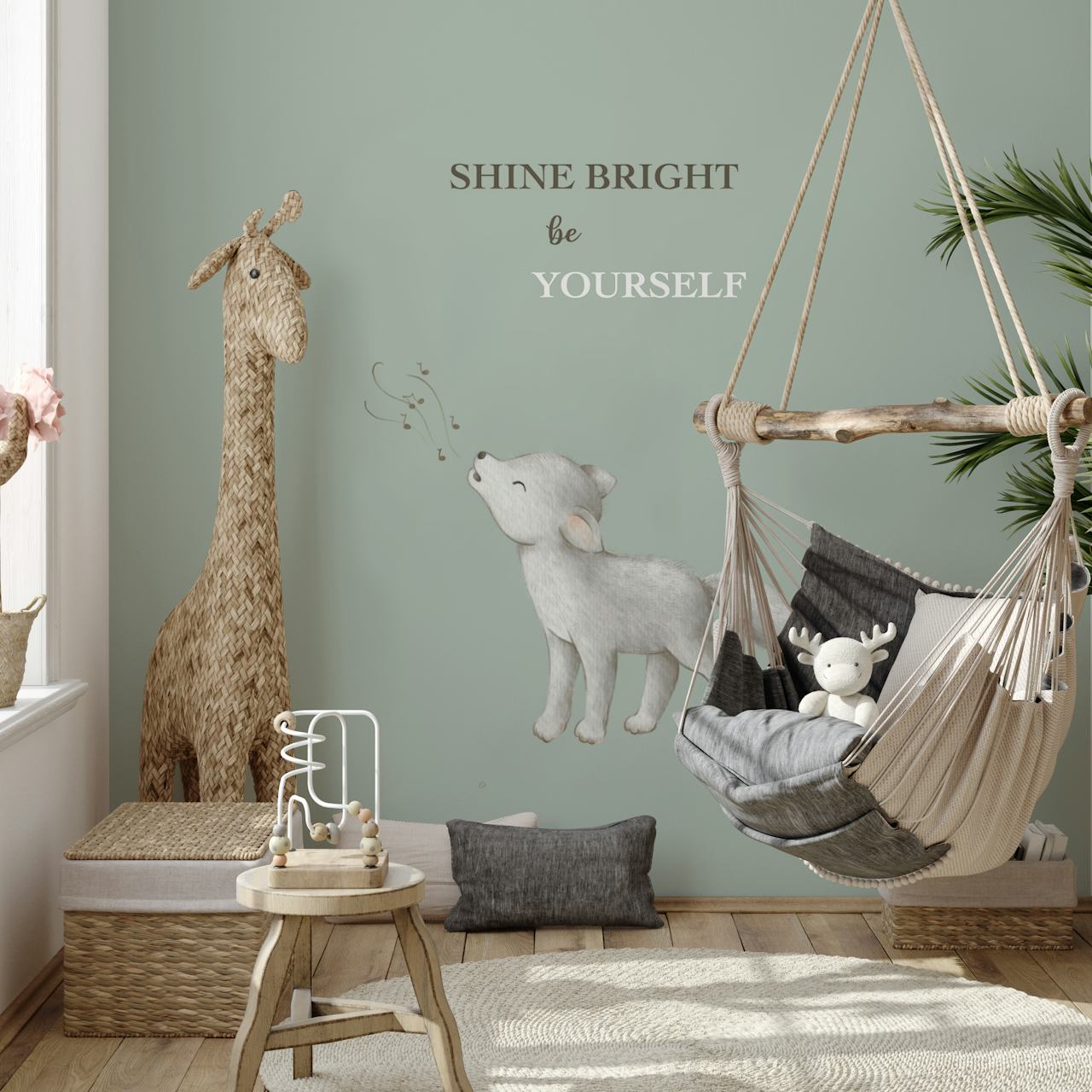 Wolf art wallpaper in een stijlvolle kamer