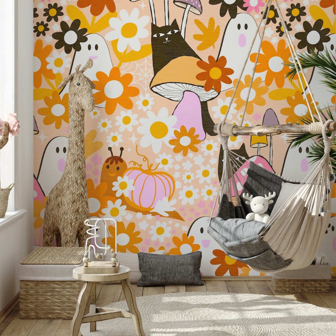 Cats and ghosts among colorful flowers and mushrooms wallpaper