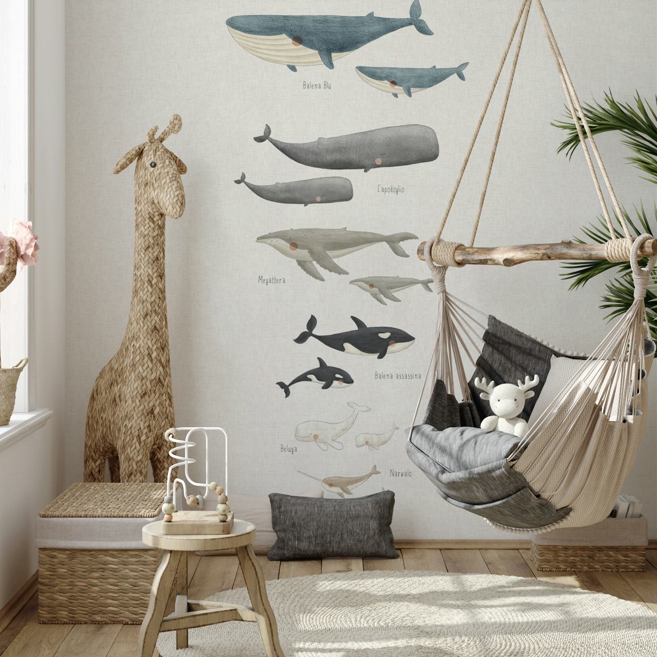 Whale species Italian behang in een kamer