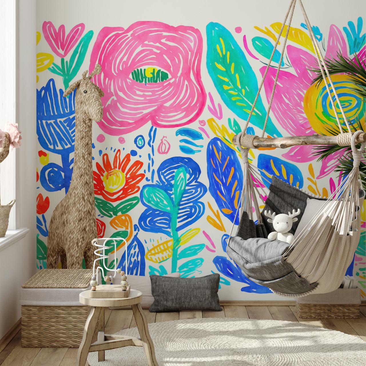 Colorful floral wallpaper in a room