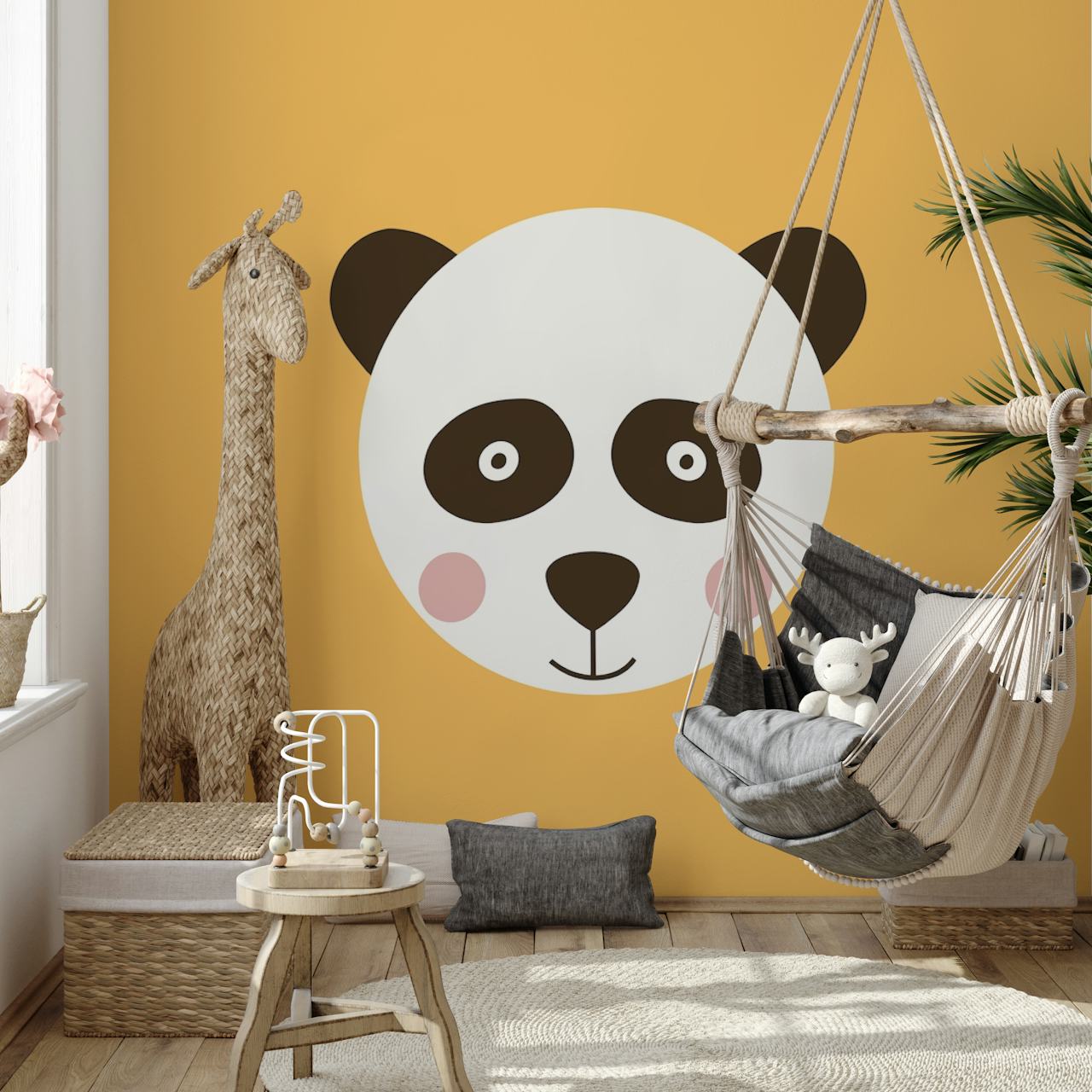 Cute panda faces on bright yellow background wallpaper