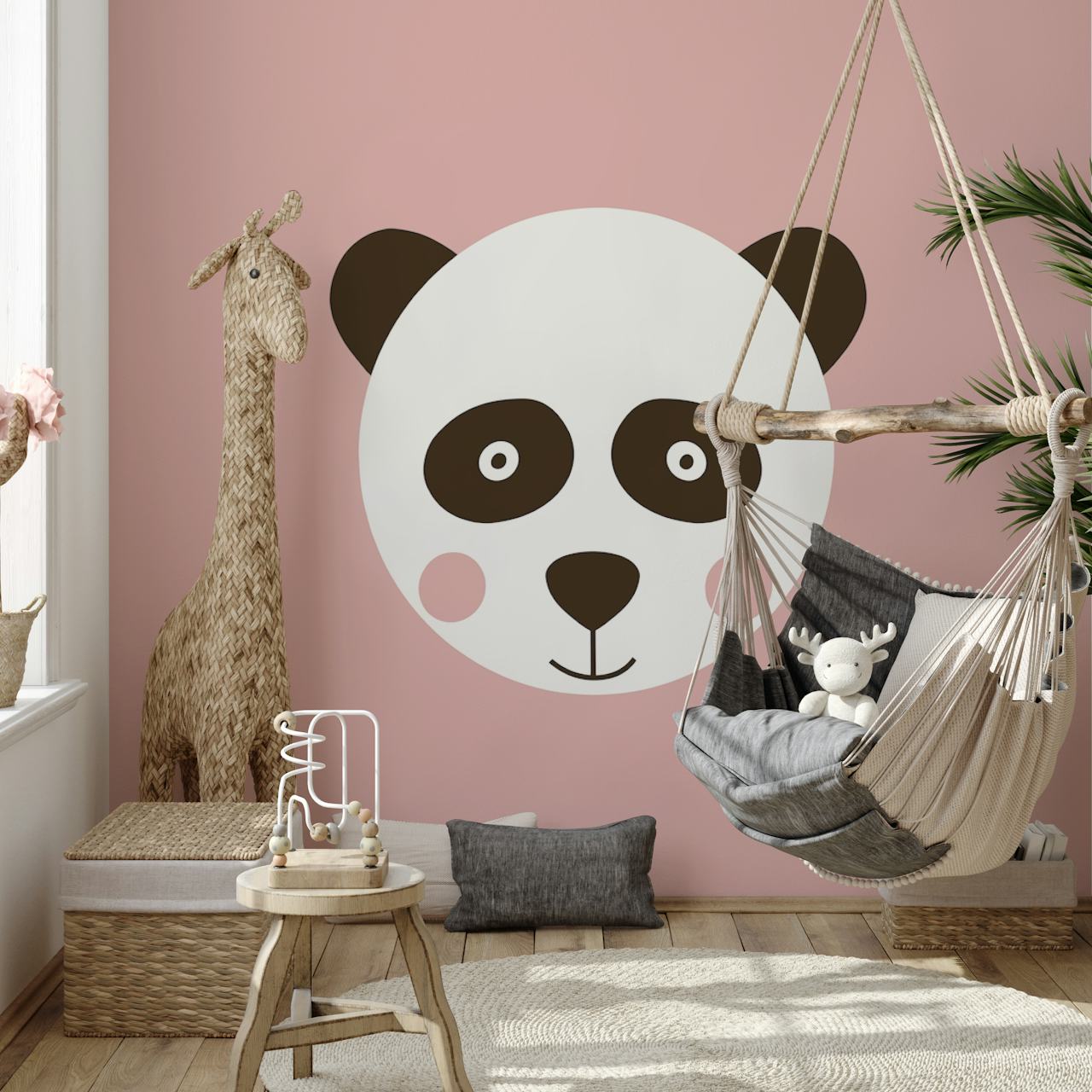 Cute panda design on pink wallpaper