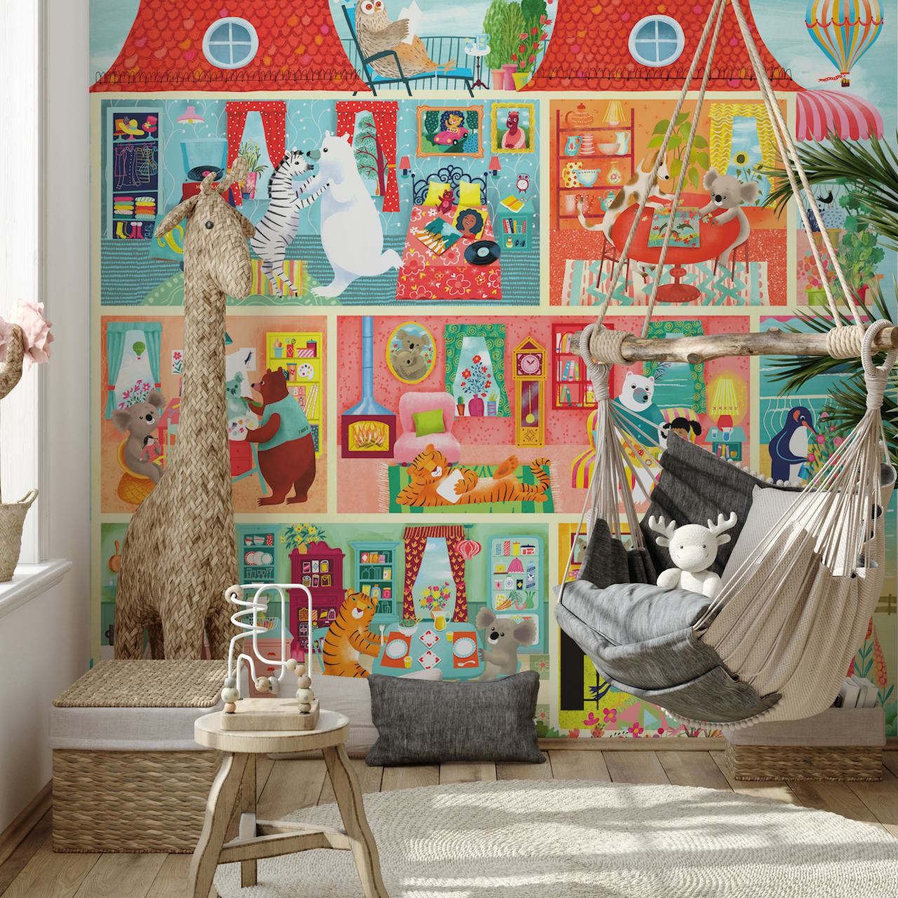 Colorful animal-themed beach house scenes in vibrant colors wallpaper