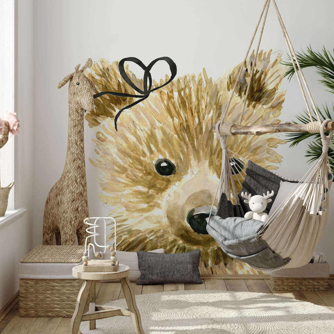Fotomural vinílico de parede adorável de urso com laço desenhado artisticamente