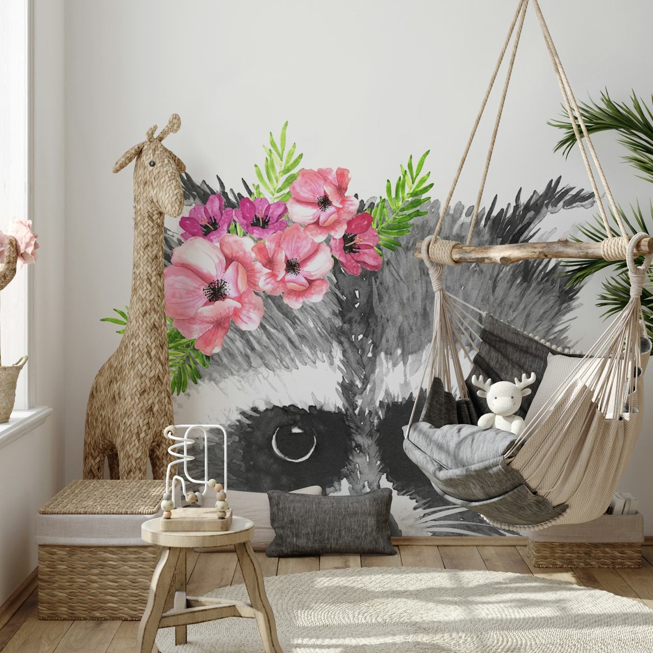 Raccoon with flower crown and pink flowers wallpaper