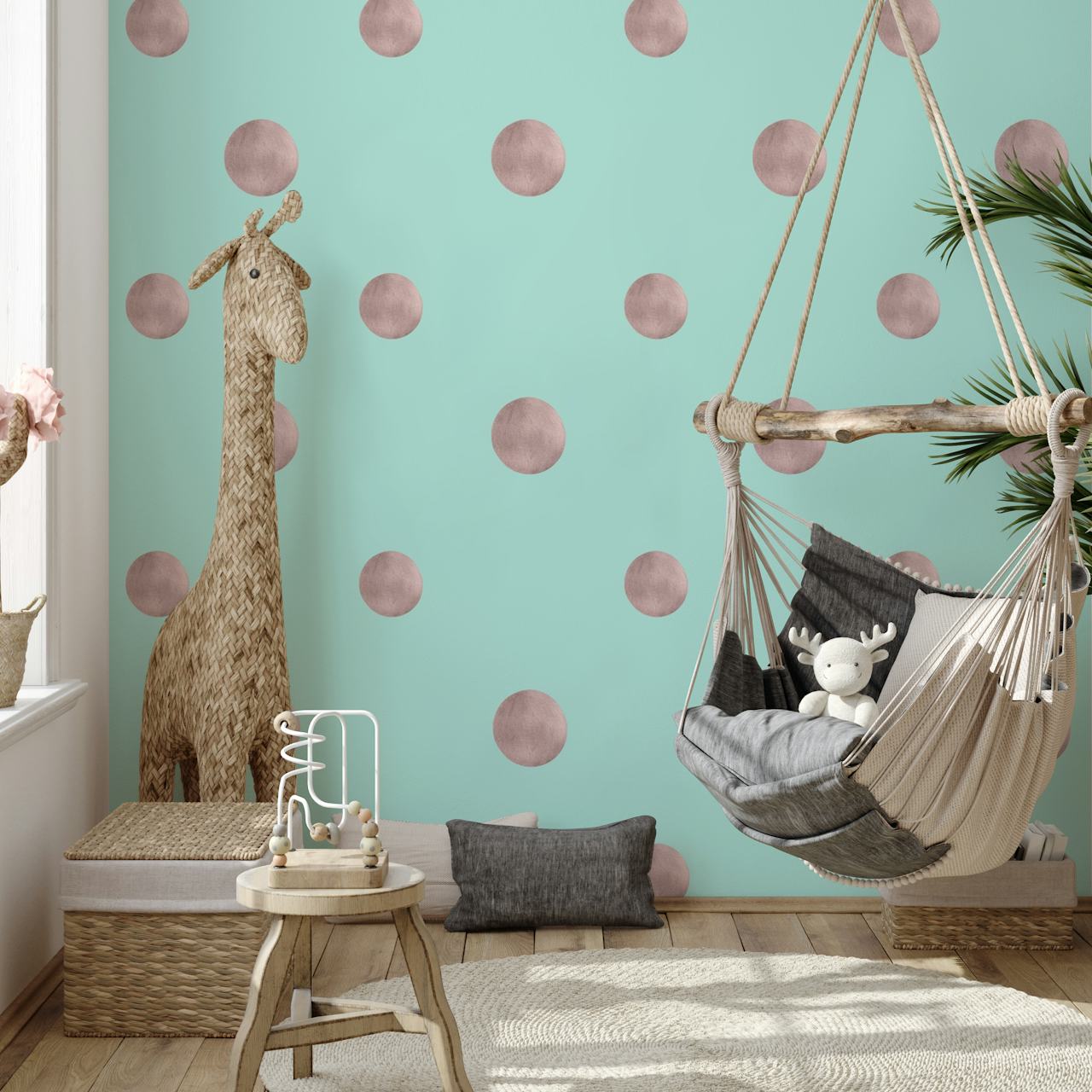 Happy Polka Dots Rose Gold wallpaper in a room