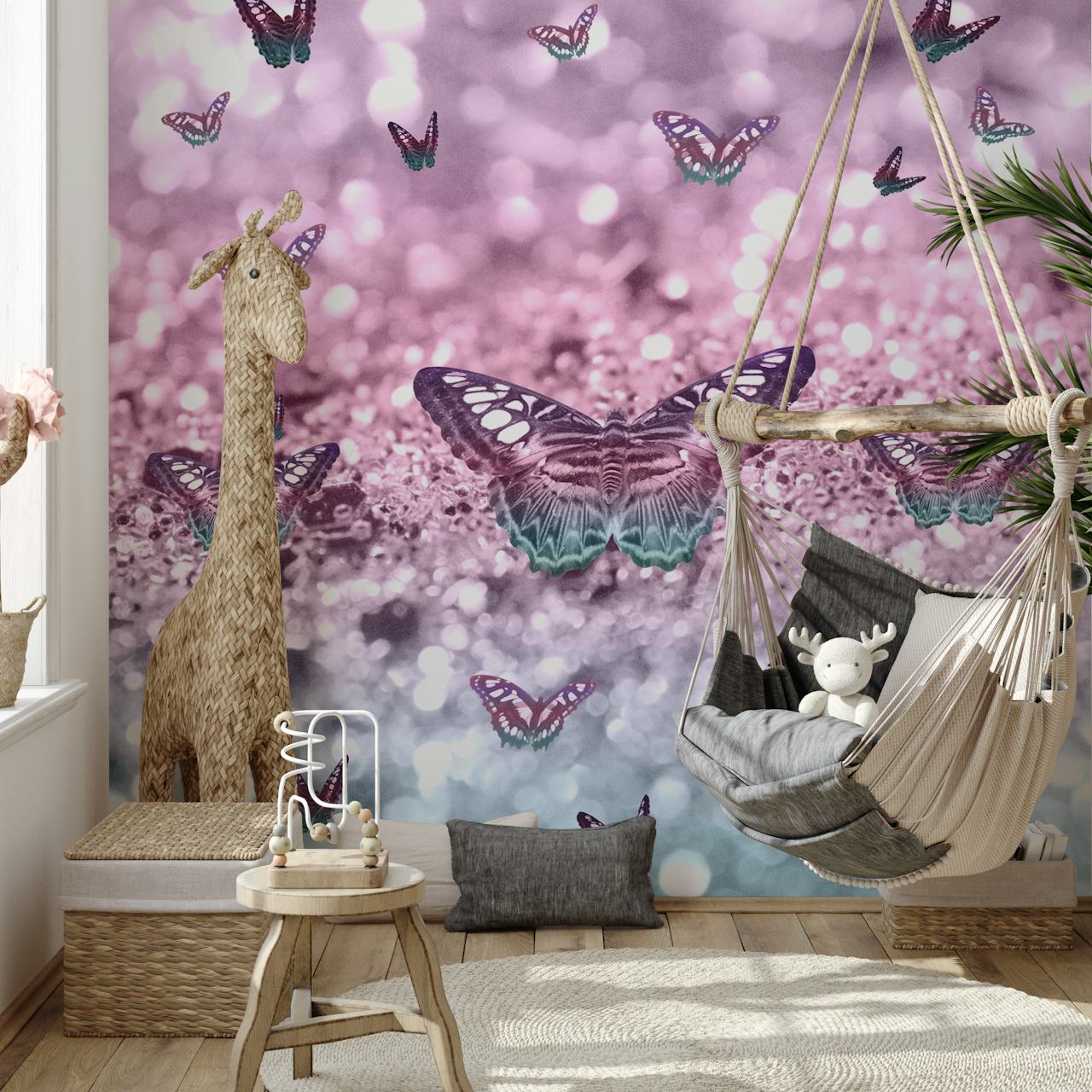 Butterflies in pastel pink and teal glitter wallpaper
