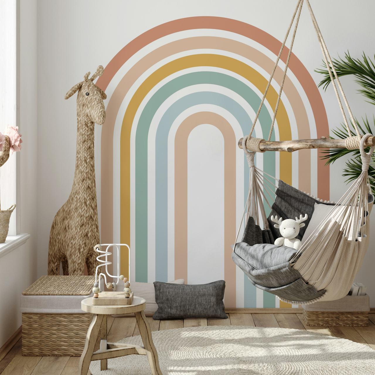 Moderne Boho Tapete mit Regenbogenlinien in sanften Farben