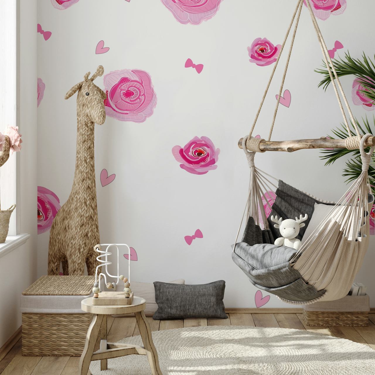 Hand-drawn pink roses and hearts on white background wallpaper