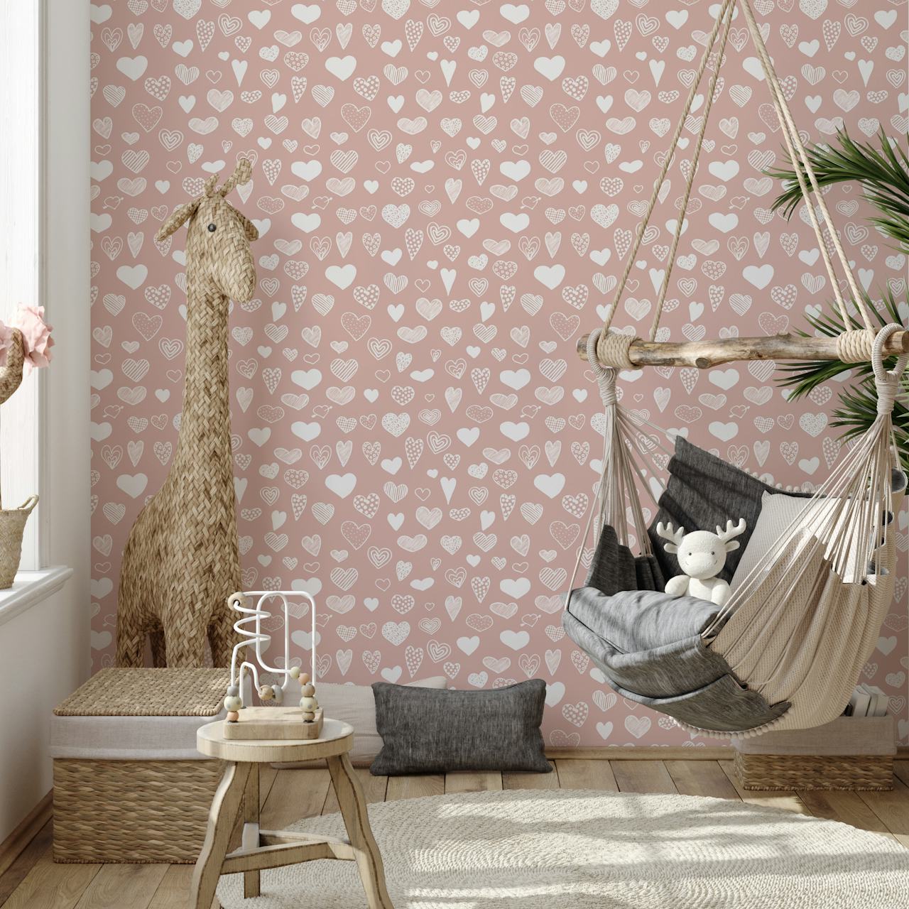 White heart doodles on blush pink background wallpaper