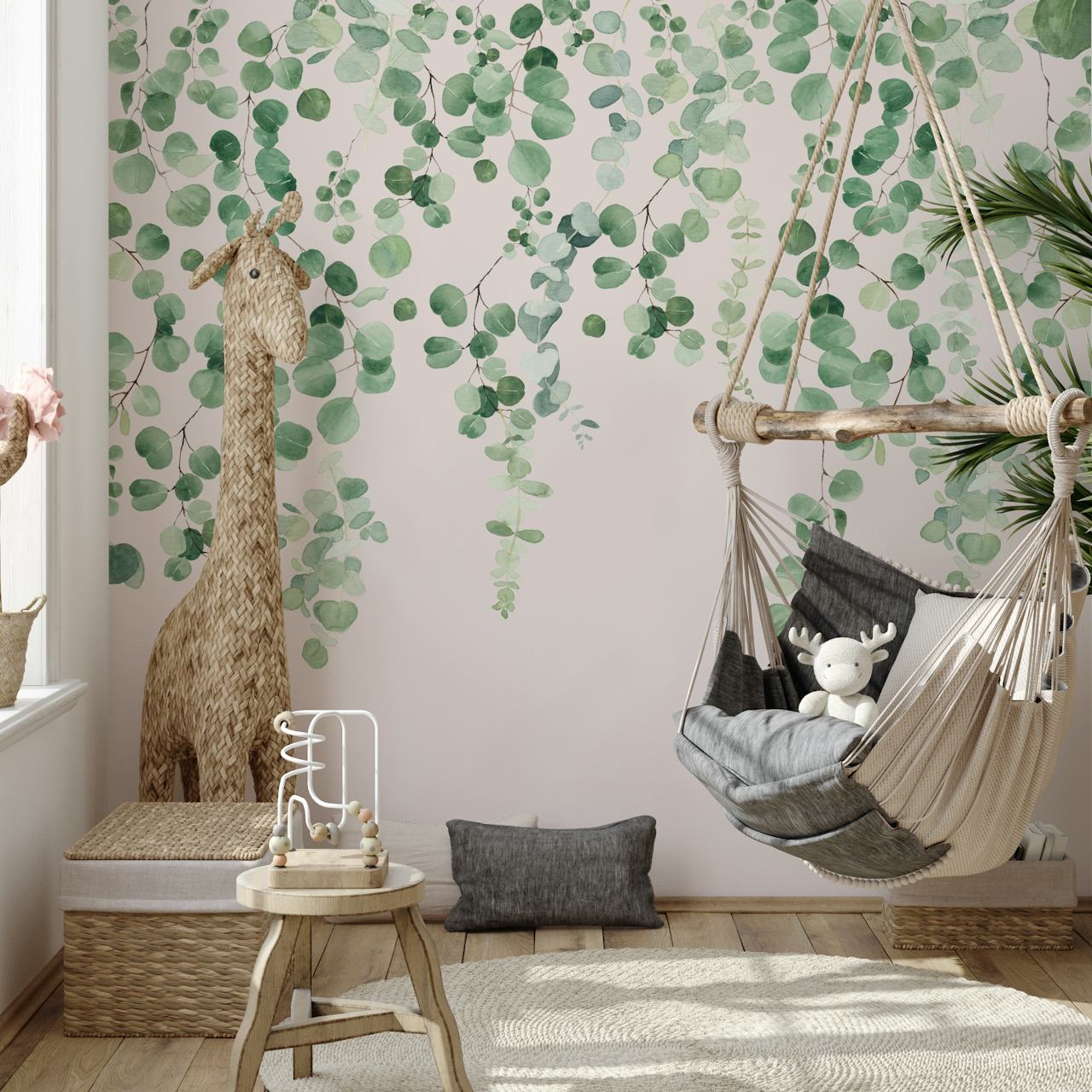 Eucalyptus leaves in green on a pink background botanical wallpaper