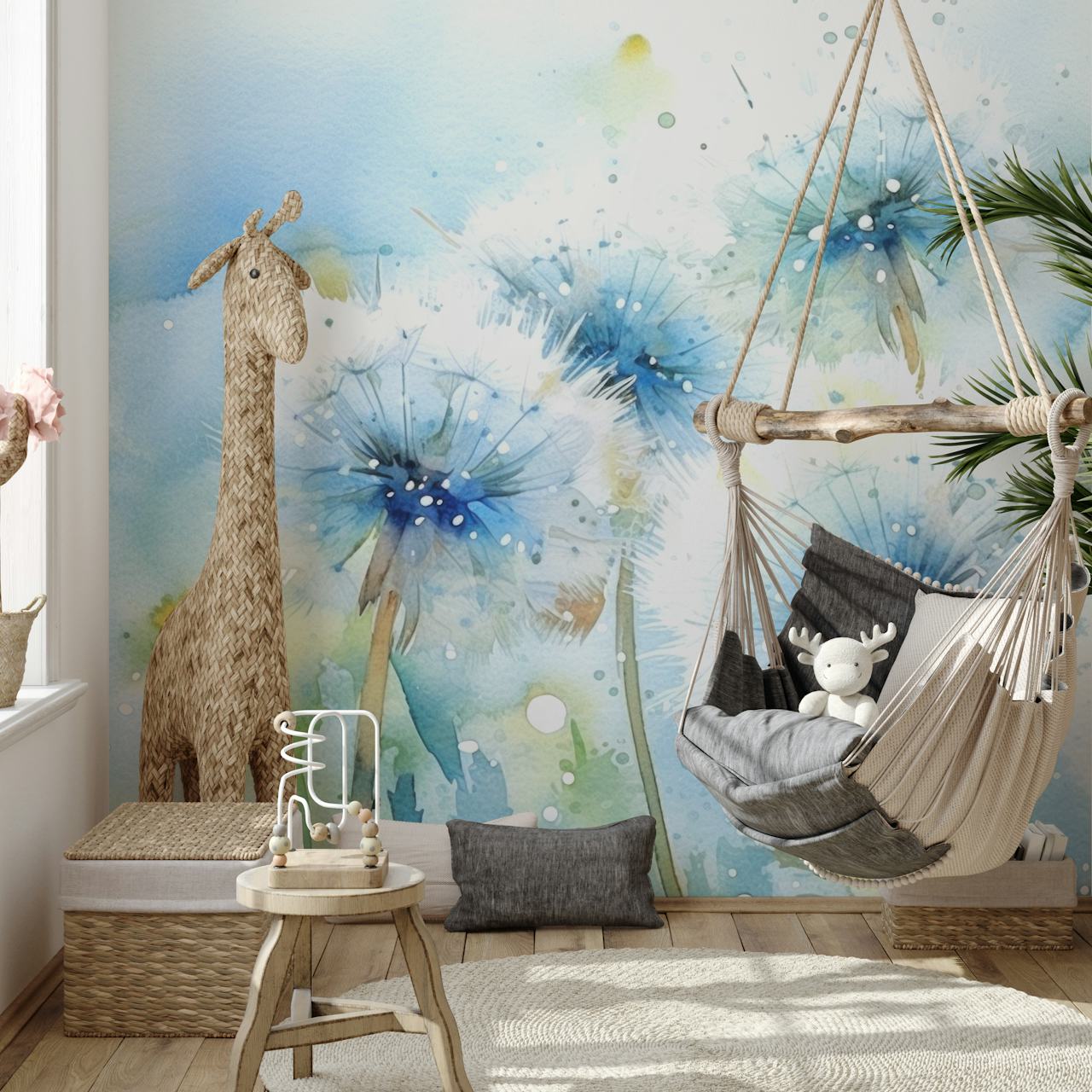 Watercolor dandelions in blue and white wallpaper