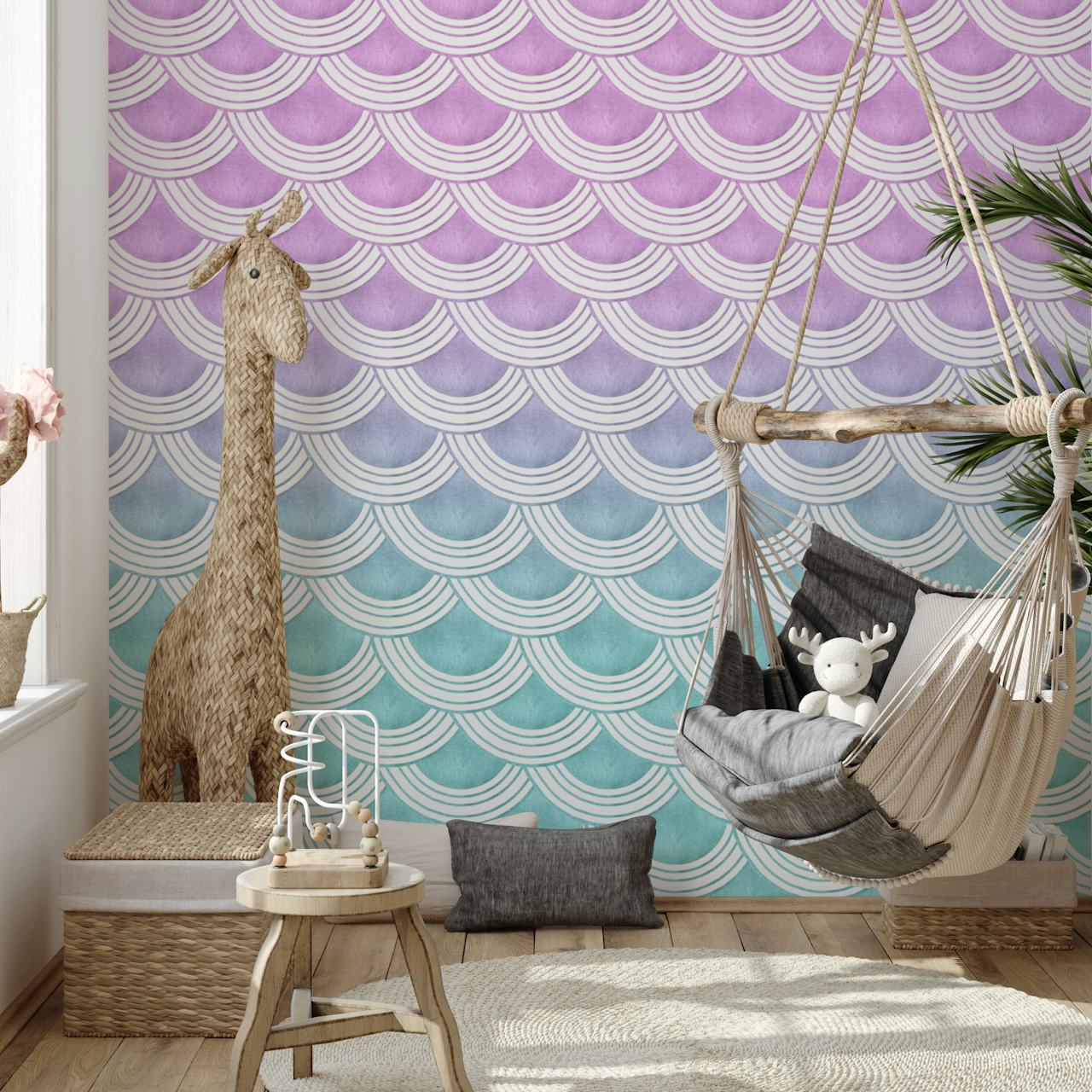 Pastel mermaid scales wallpaper in a room