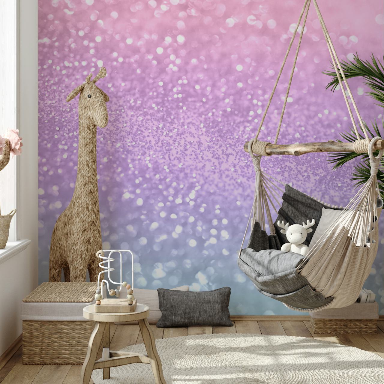 Pastel glitter ombre pattern with shades of pink, purple, and teal wallpaper