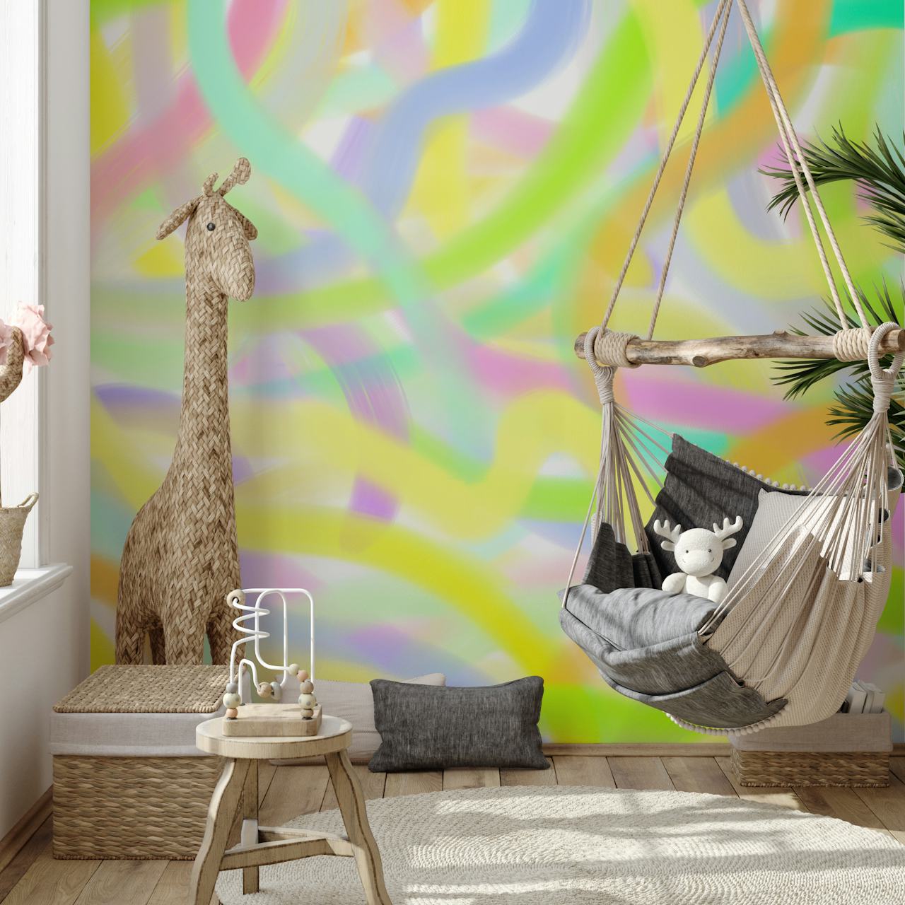 Colorful abstract swirls in pastel shades wallpaper