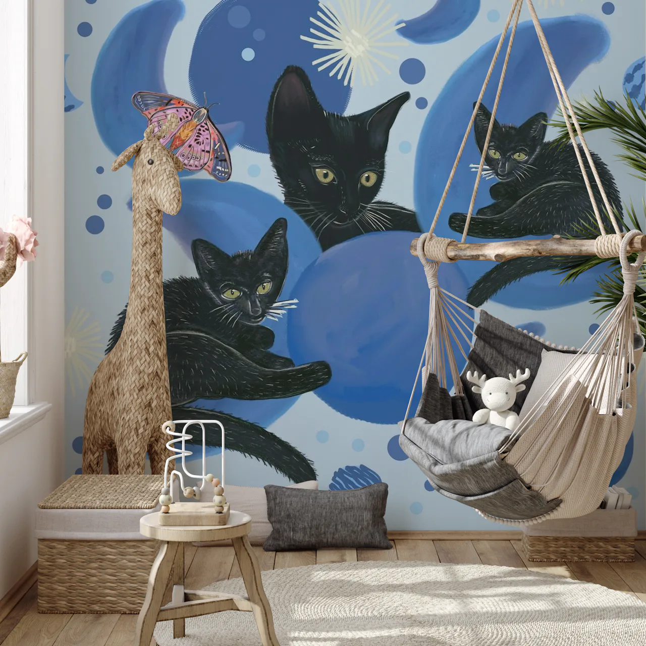 Black cat and moon phases wall wallpaper | Happywall