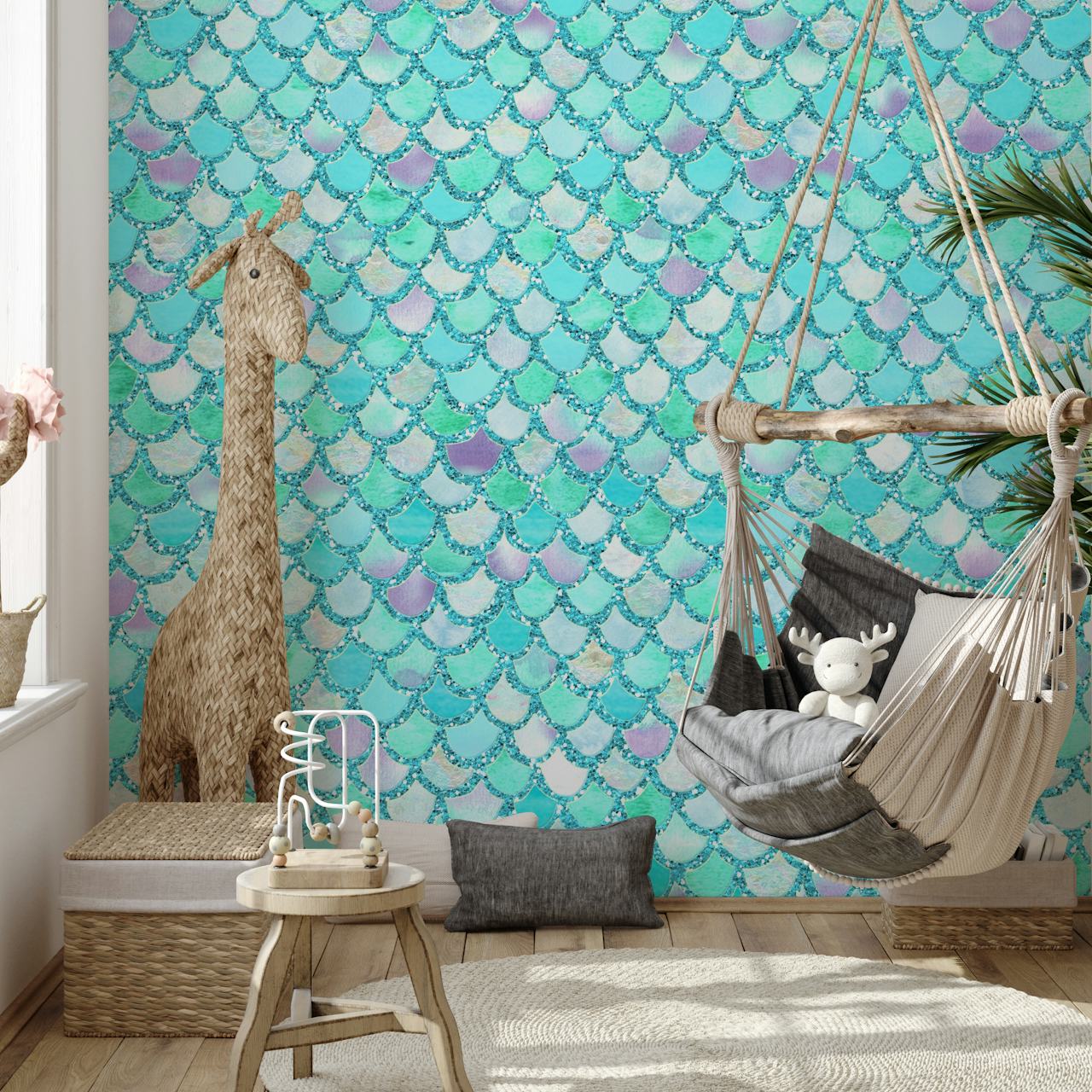 Teal Glitter Mermaid Scales wall mural with iridescent aquatic patterns