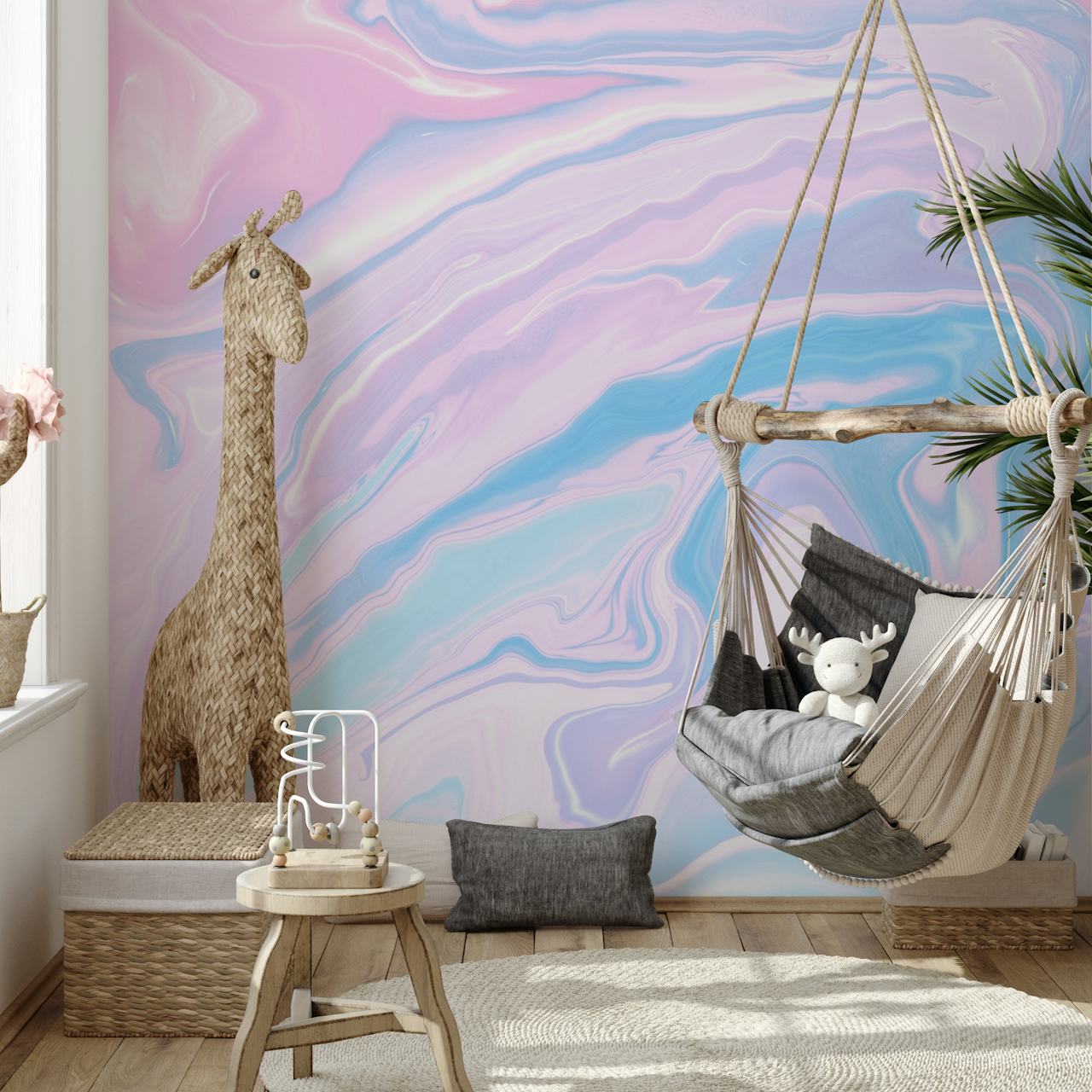 Swirling pastel colors in pink, blue, and lavender marble wallpaper