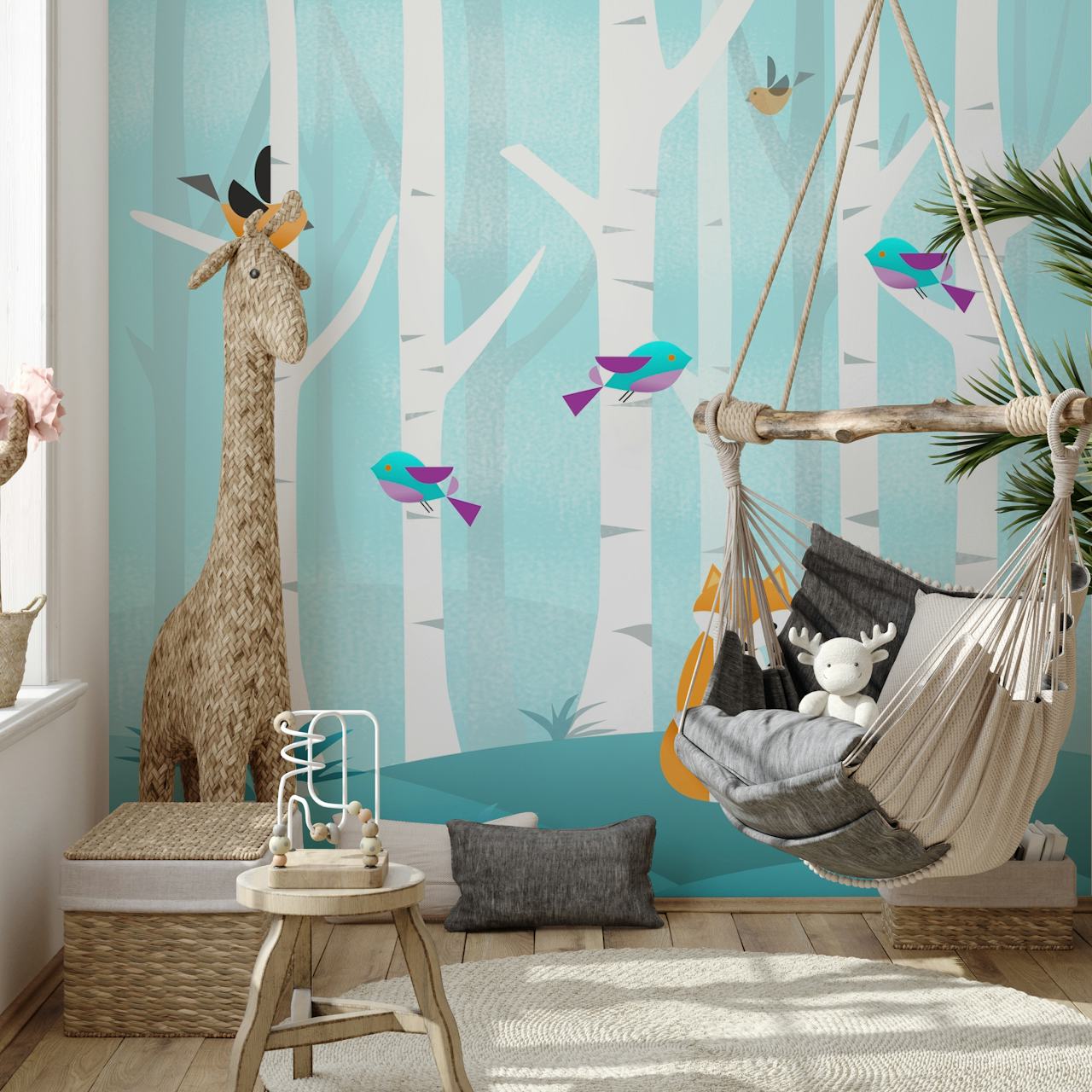 Forest scene with a fox and colorful birds among white trees wallpaper