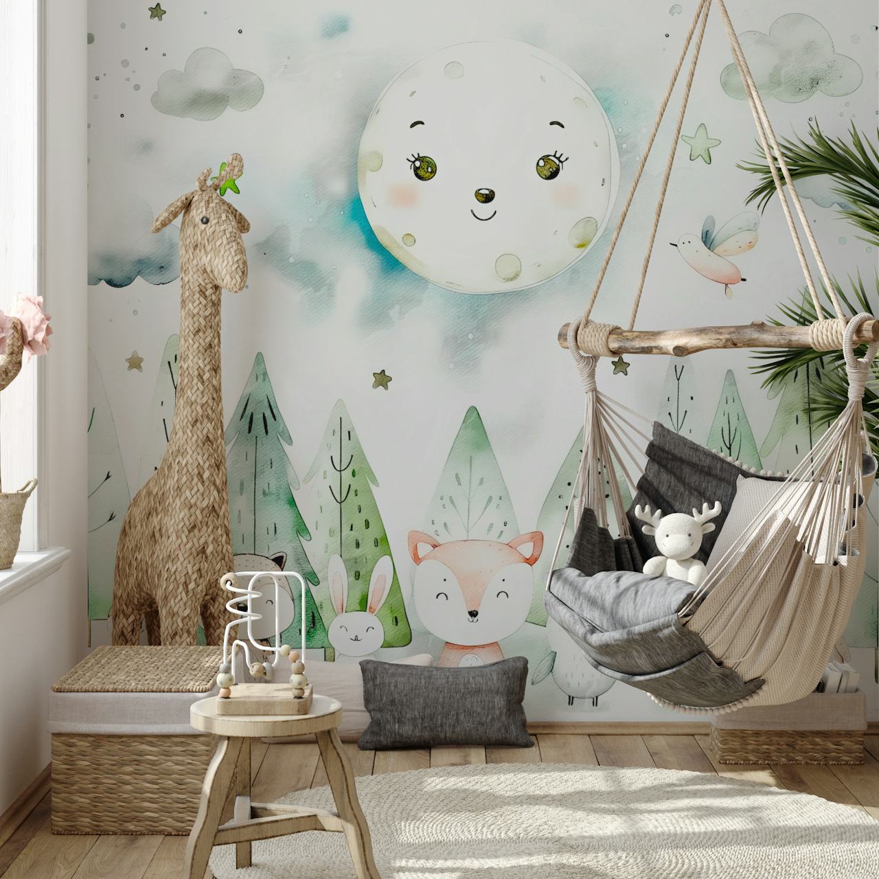 Fantastiske skovdyr under en moonlit animal gathering tapet