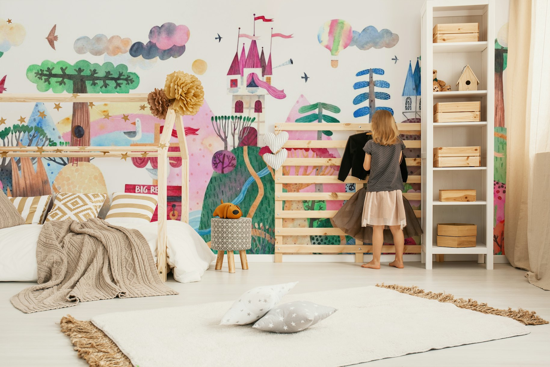 Charming Kids Wonderland wallpaper mural featuring clouds, castle, and animal friends