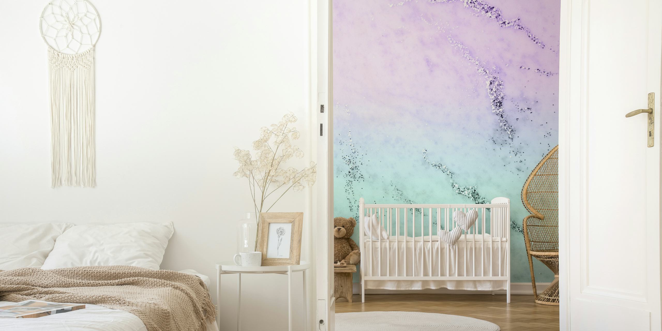Abstract mermaid-inspired glitter marble wall mural with pastel purple and tranquil teal colors.