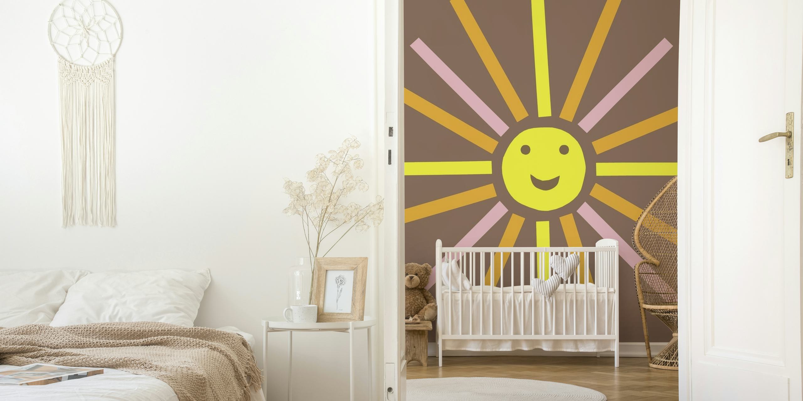 Retro-style smiling sun wall mural with yellow and orange rays on a brown background